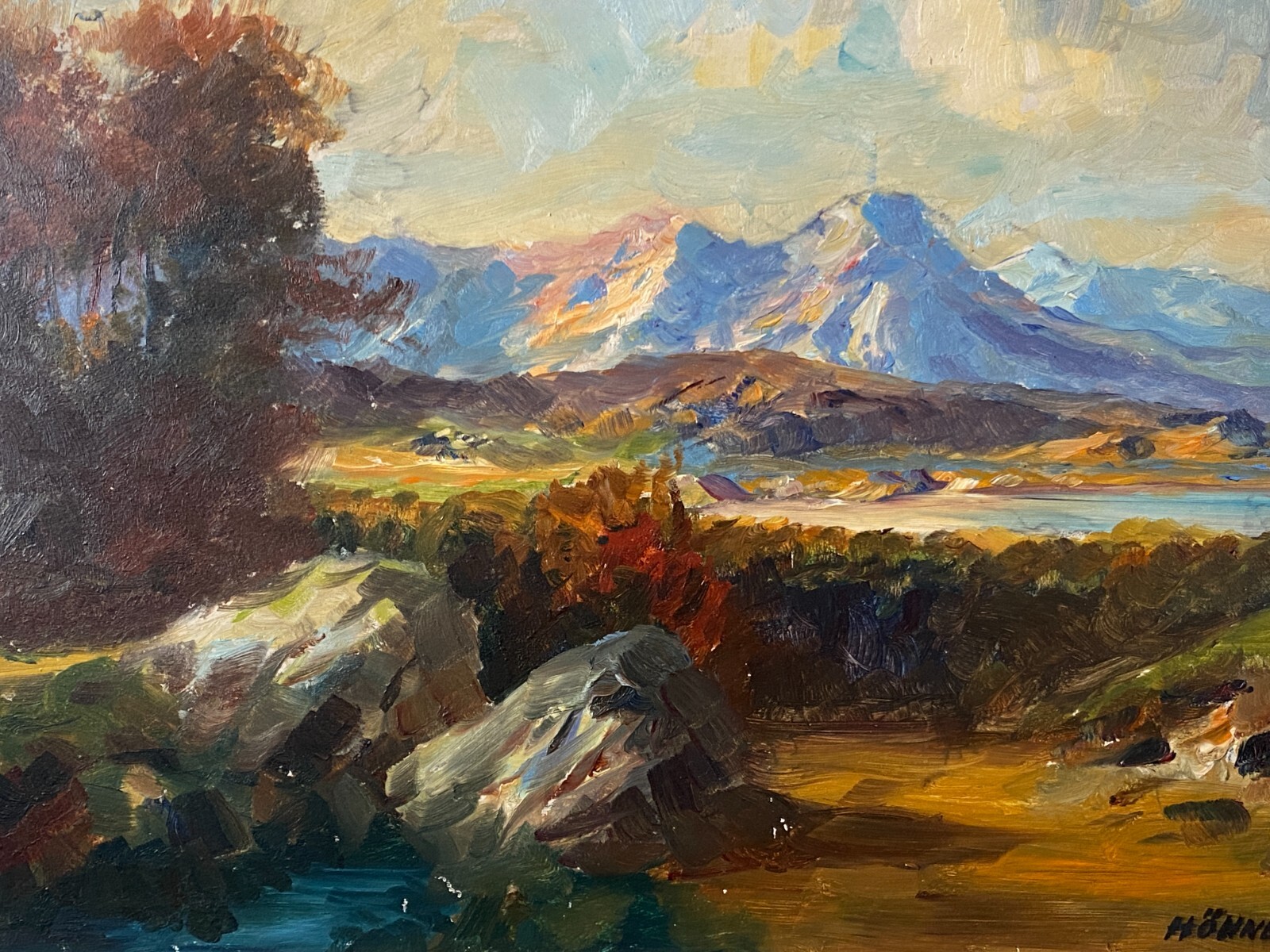 ÖLGEMÄLDE SEE LANDSCHAFT VOR GEBIRGE GEMÄLDE SIGNIERT HÖHNE GERAHMT – Bild 3