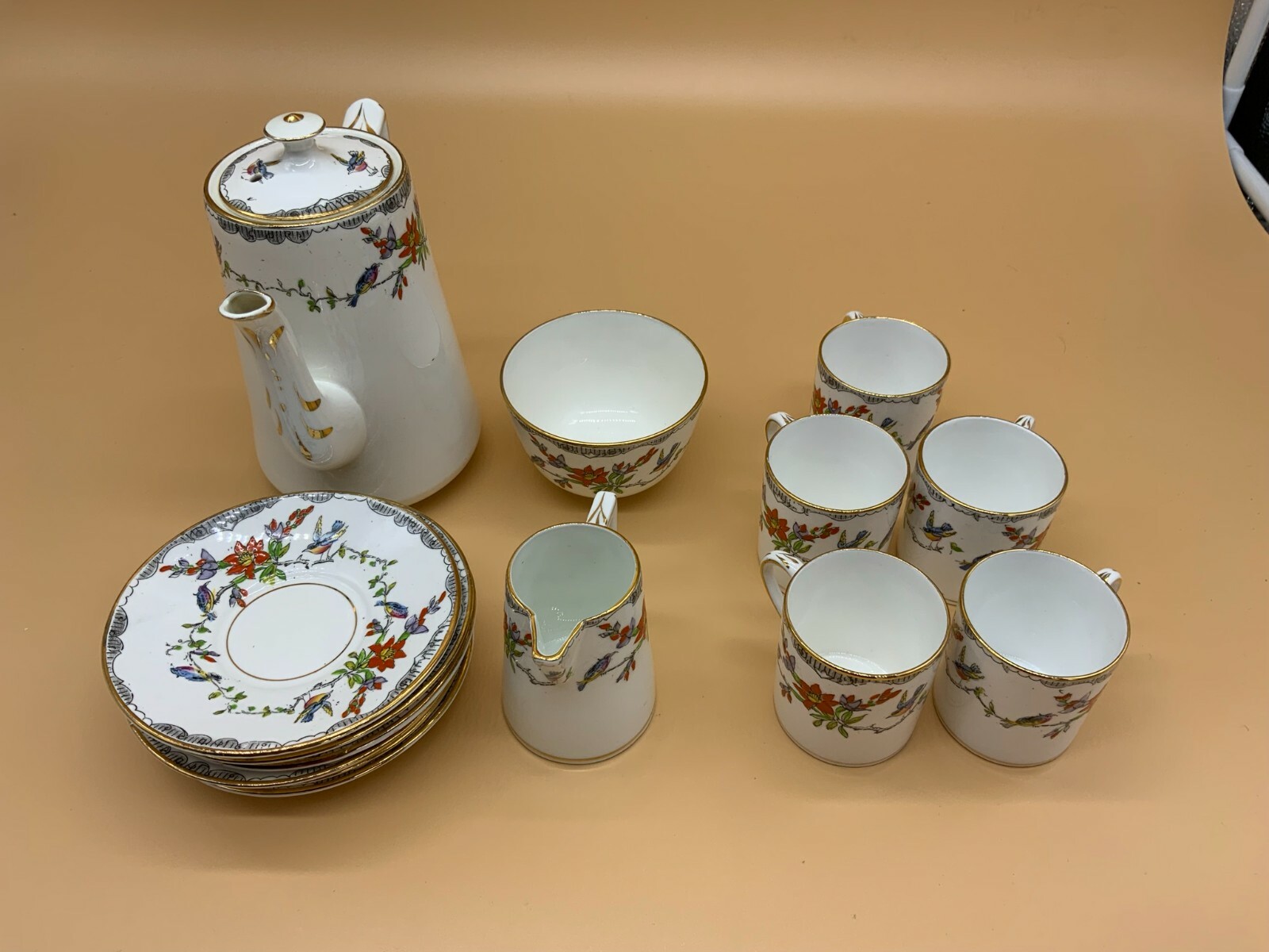 PORZELLAN KAFFEE SERVICE ROSINA CHINA ENGLAND BLUMEN HANDBEMALT