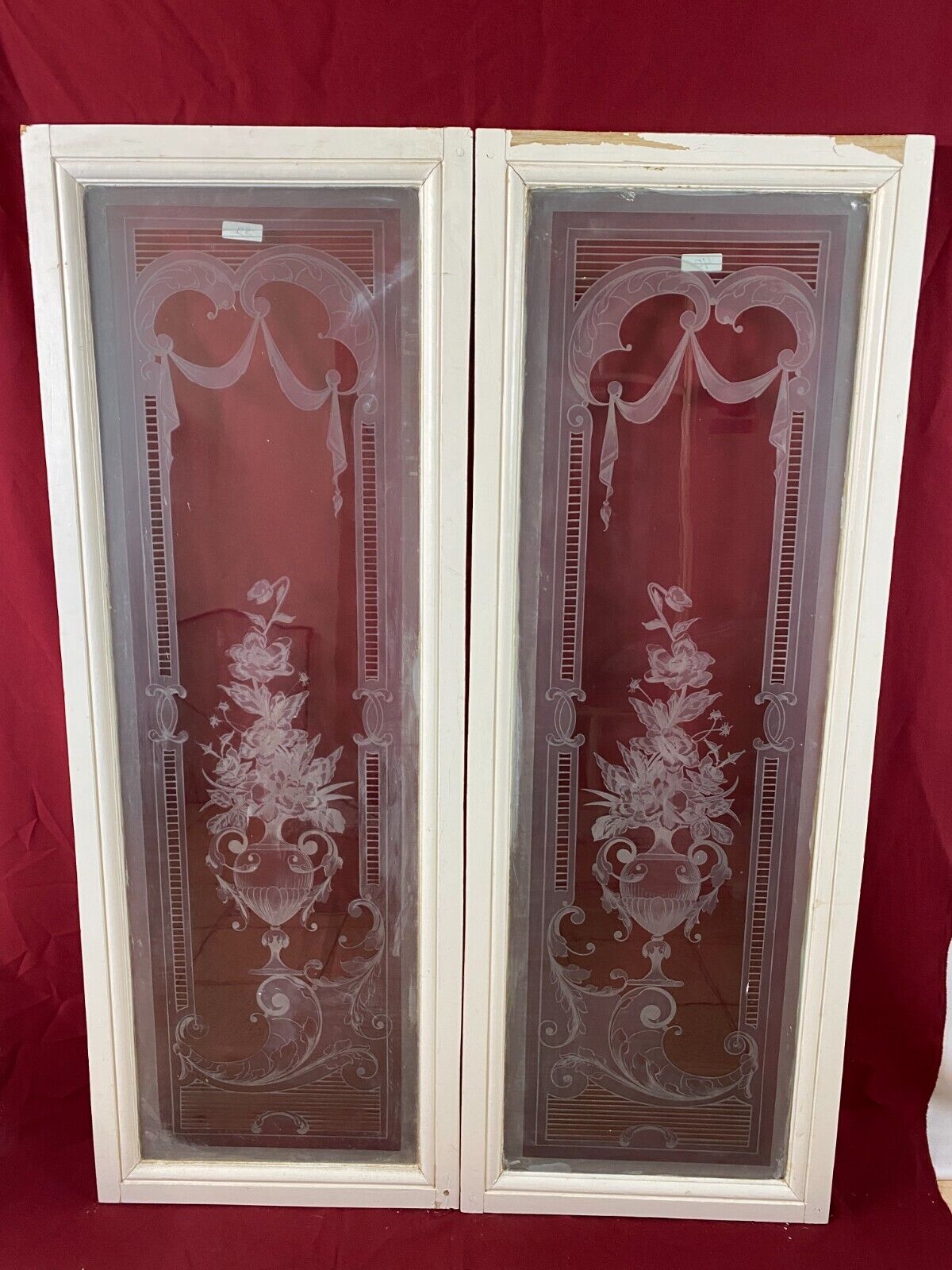 2x ANTIKE GLASSCHEIBE HISTORISMUS UM 1890 BLUMEN GIRLANDEN 43x141cm – Bild 3