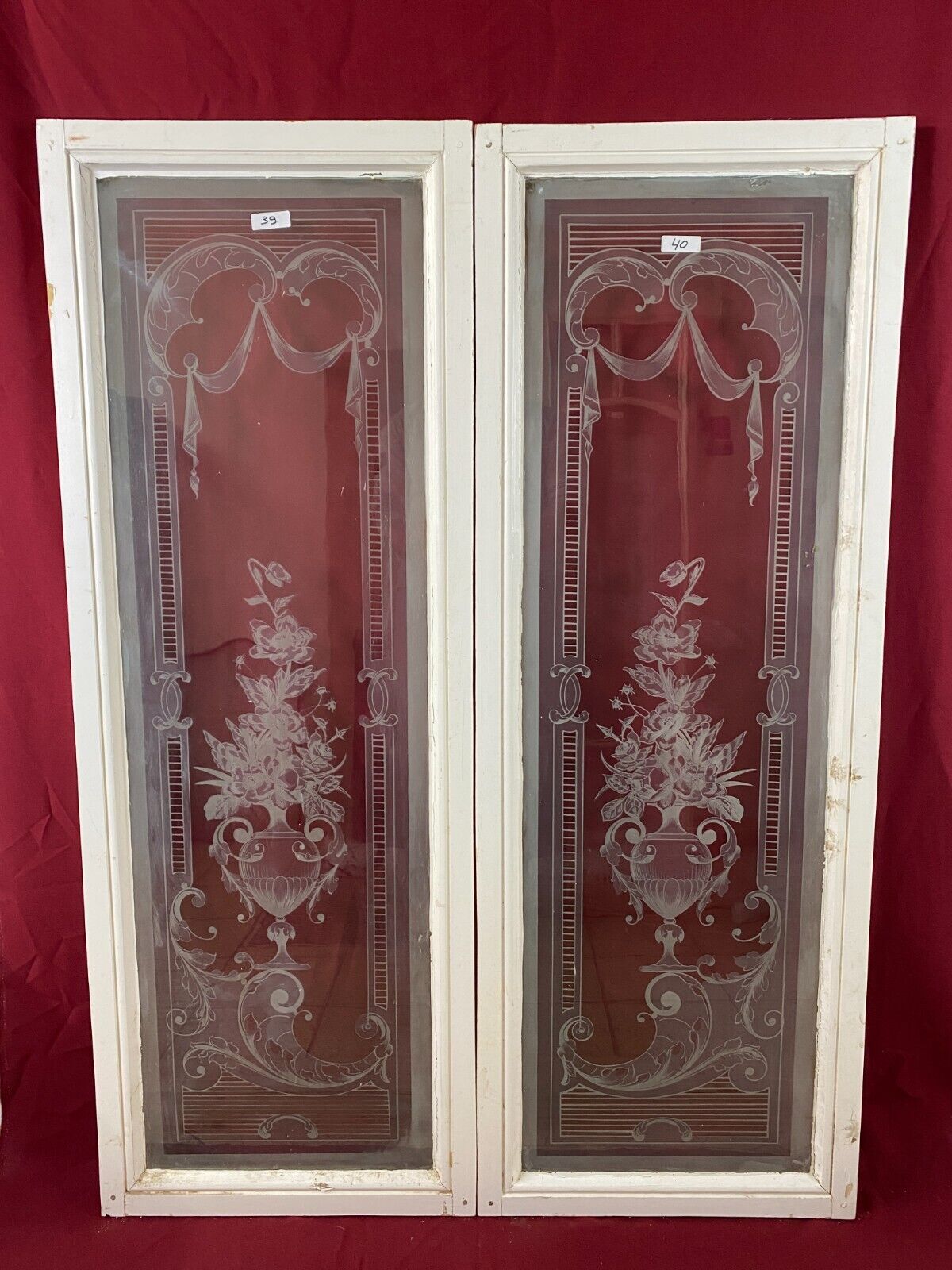 2x ANTIKE GLASSCHEIBE HISTORISMUS UM 1890 BLUMEN GIRLANDEN 43x141cm
