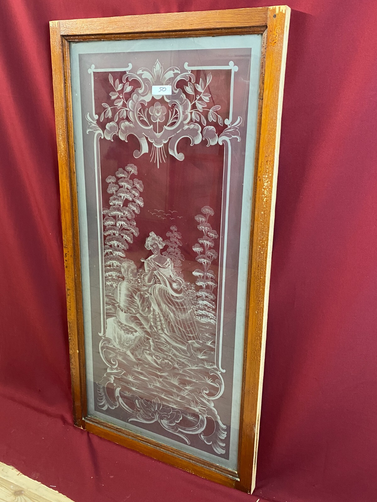 ANTIKE GLASSCHEIBE HISTORISMUS / JUGENDSTIL UM 1890 GALANTE PERSONEN 51x111cm – Bild 7