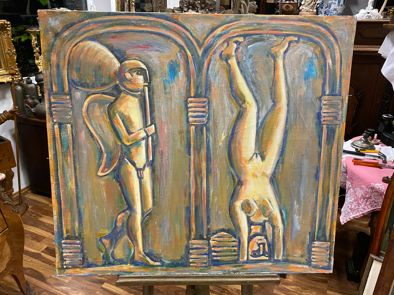 ÖLGEMÄLDE ENGEL UND AKROBATIN GEMÄLDE PARFIANSKIJ A. ZARIPOV GROSS 100x90cm – Bild 3