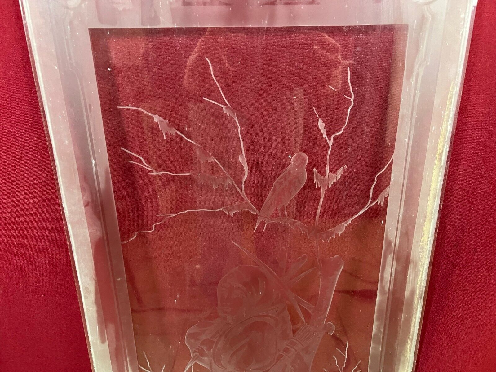 ANTIKE GLASSCHEIBE JUGENDSTIL ORIGINAL UM 1910 VOGEL IM BAUM 41x111,7cm – Bild 4
