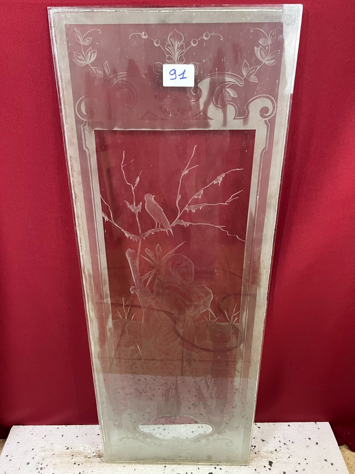 ANTIKE GLASSCHEIBE JUGENDSTIL ORIGINAL UM 1910 VOGEL IM BAUM 41x111,7cm – Bild 8
