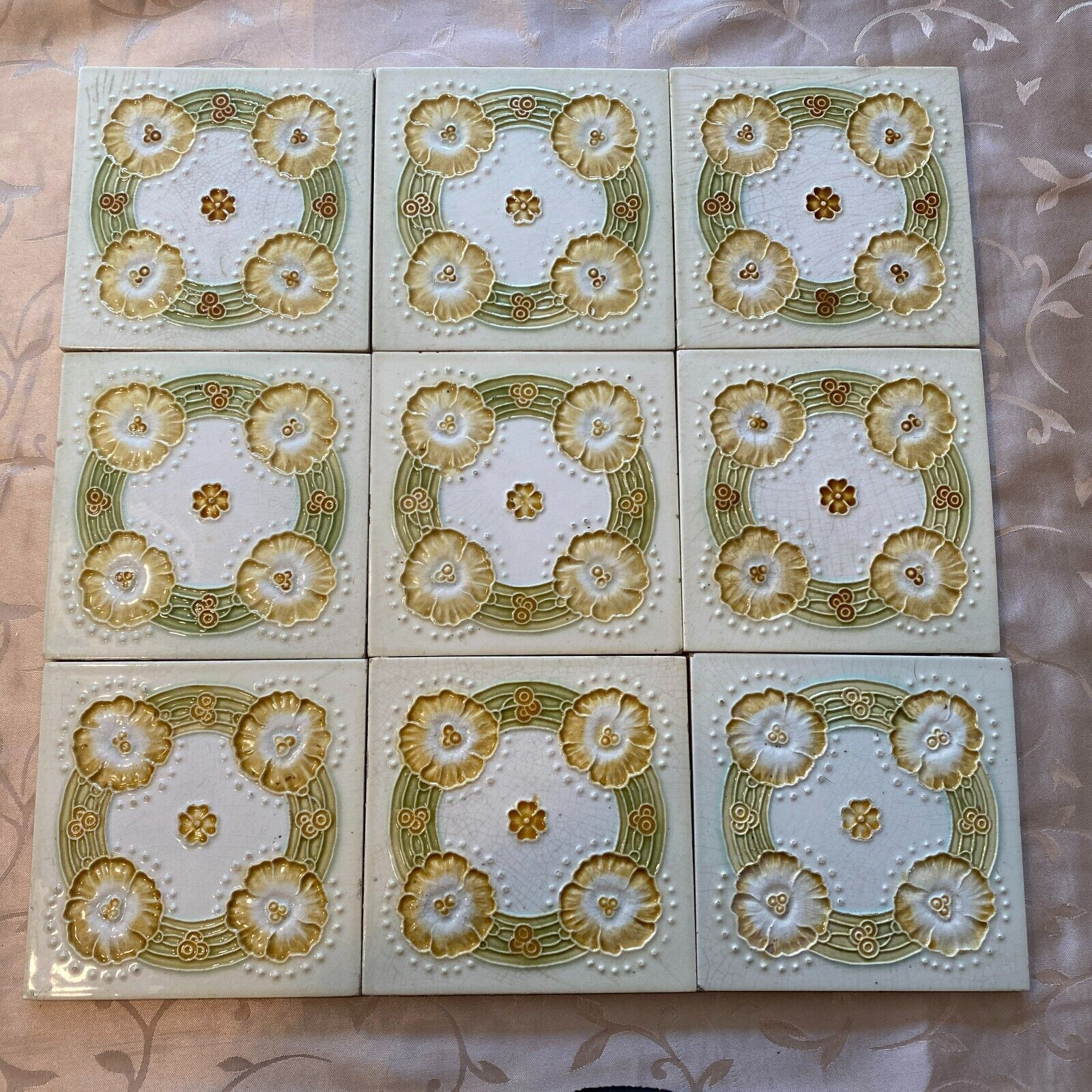 ANTIKE JUGENDSTIL FLIESEN 9 STÜCK SET KACHELN UM 1910 15x15cm AUS KERAMIK – Bild 3