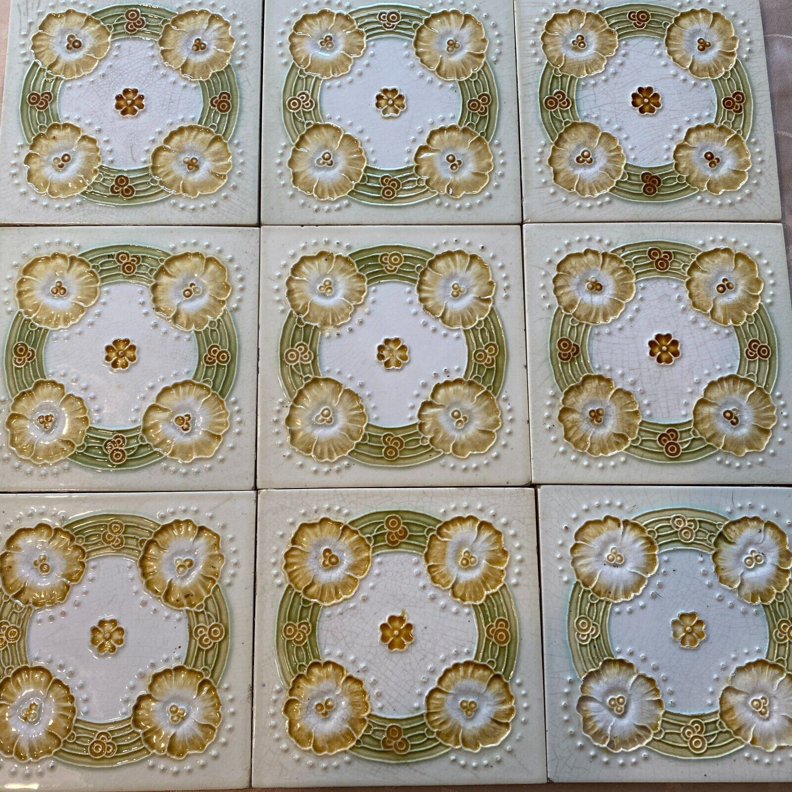ANTIKE JUGENDSTIL FLIESEN 9 STÜCK SET KACHELN UM 1910 15x15cm AUS KERAMIK