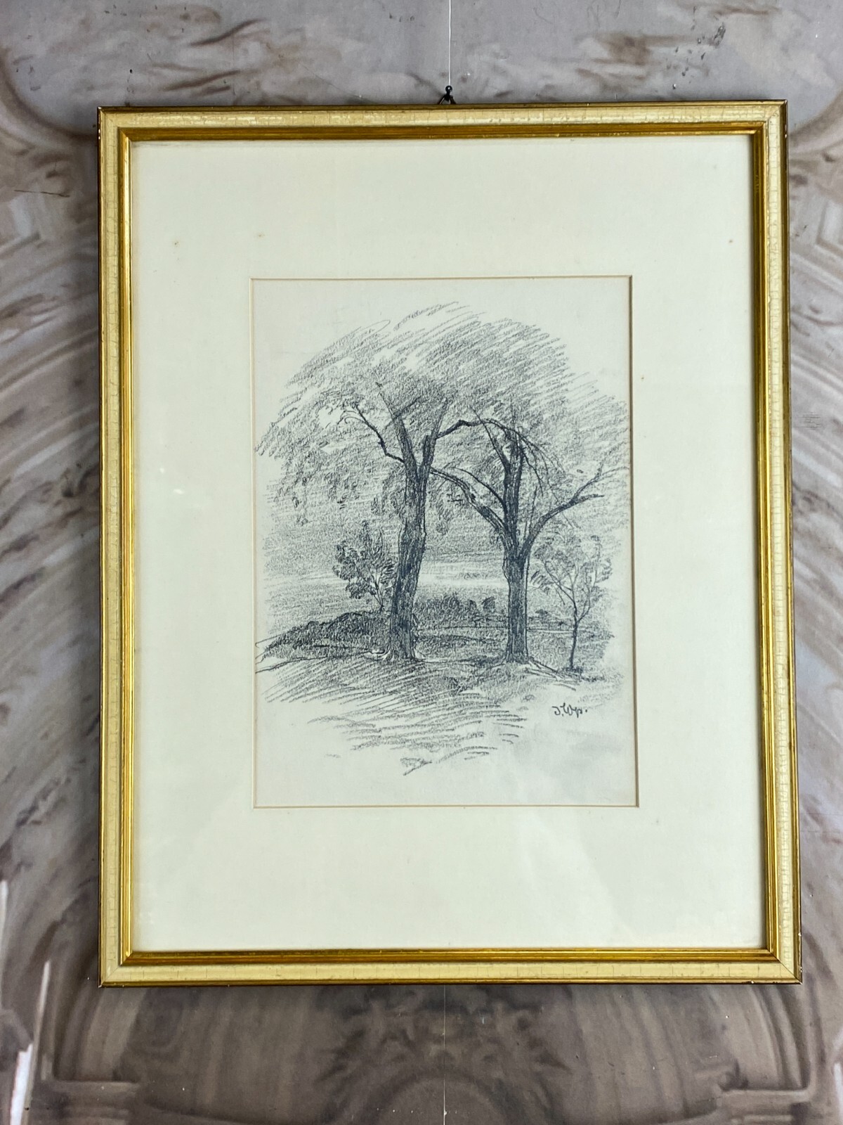 KOHLESTIFT ZEICHNUNG GERAHMT BÄUME LANDSCHAFT JOSEF WOPFNER (1843-1927)