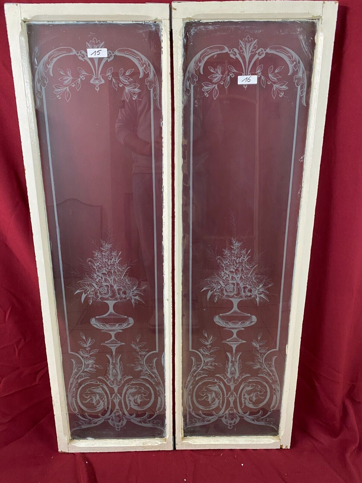 2x ANTIKE GLASSCHEIBE JUGENDSTIL UM 1890 FENSTER GIRLANDEN BLUMEN 34x130cm