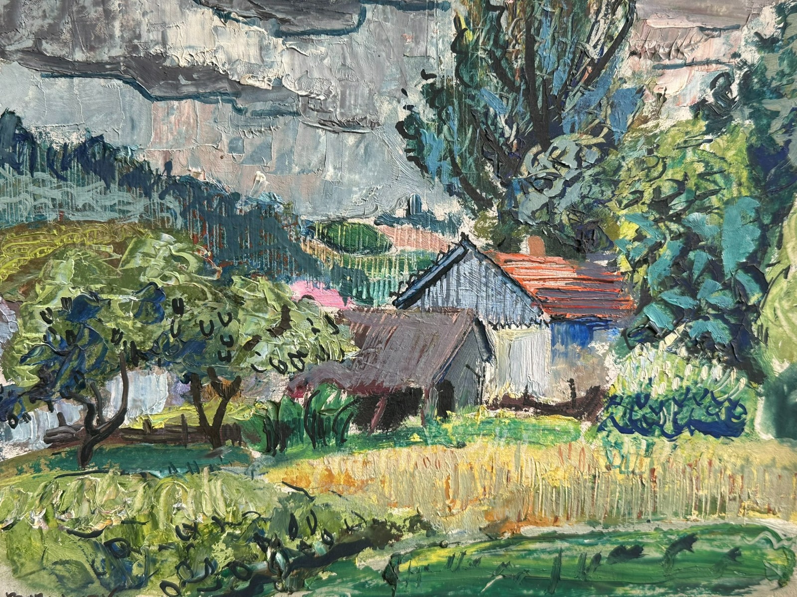 ÖLGEMÄLDE DER ABUERNHOF LANDSCHAFT HÄUSER Stanislaw BORYSOWSKI (1906-1988)