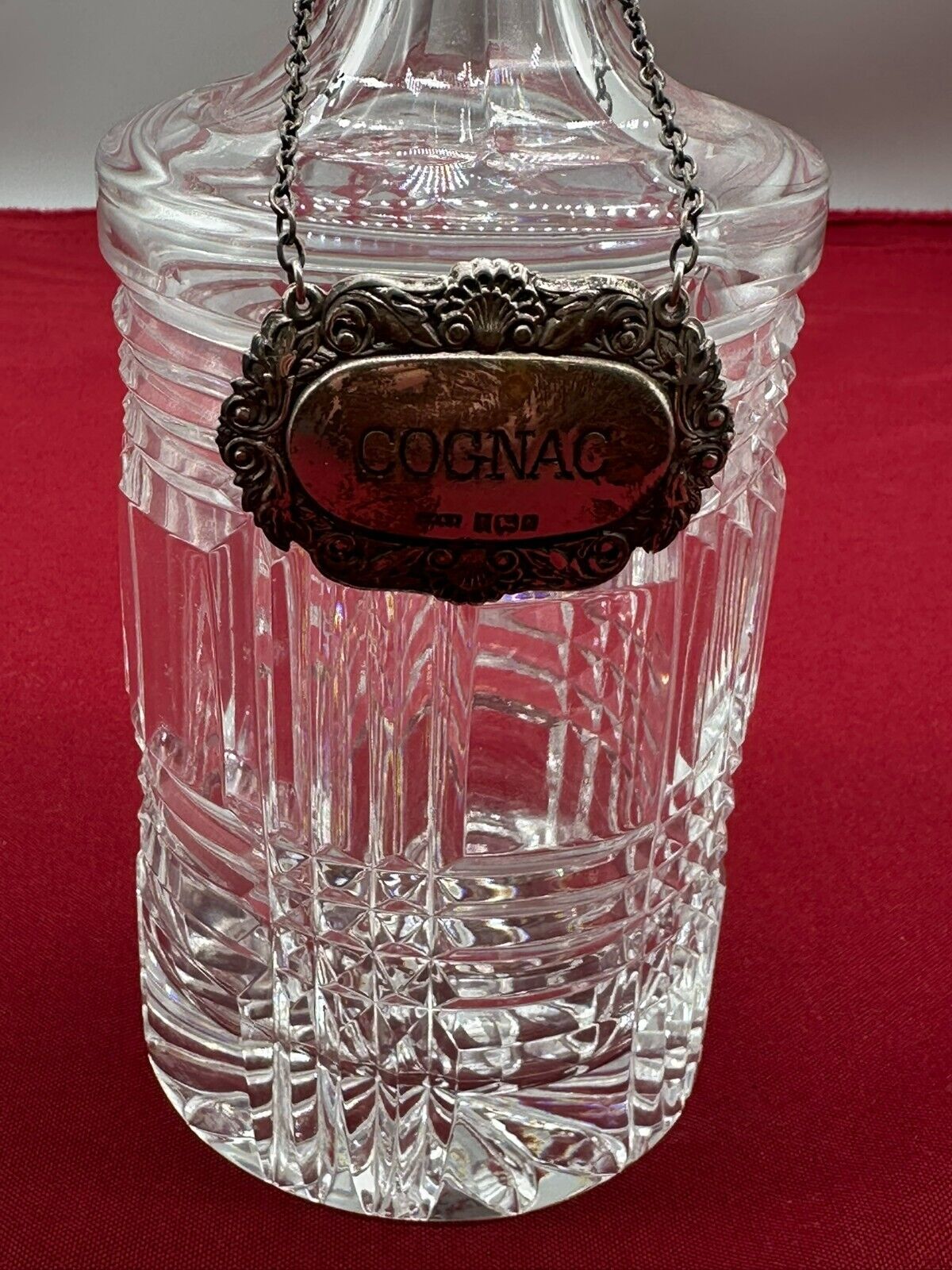 VINTAGE KARAFFE FLASCHE MIT STÖPSEL KRISTALLGLAS GLAS COGNAC PLAKETTE STERLING – Bild 3