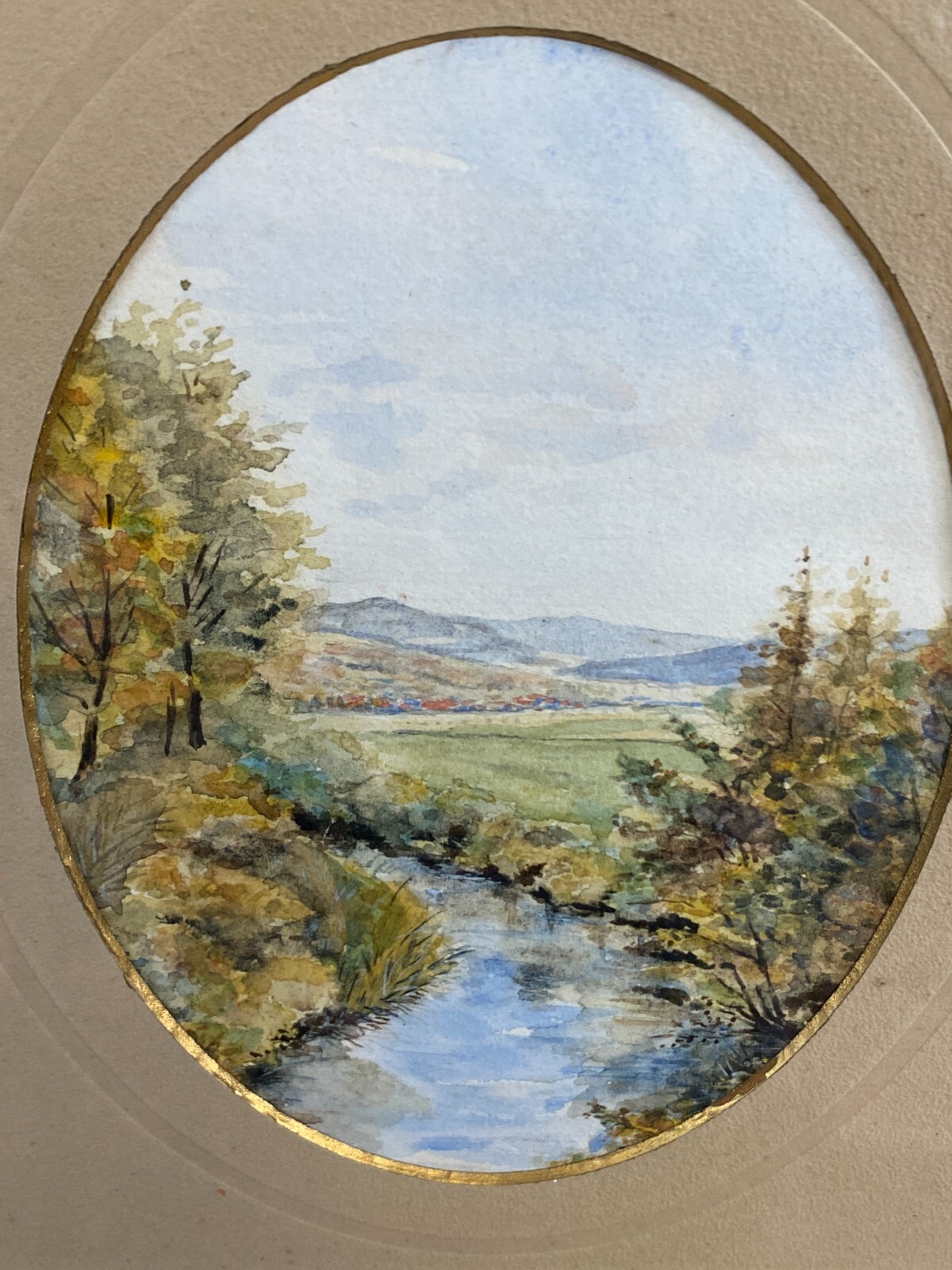 AQUARELL FLUSS LANDSCHAFT SEHR GUT GERAHMT – Bild 3