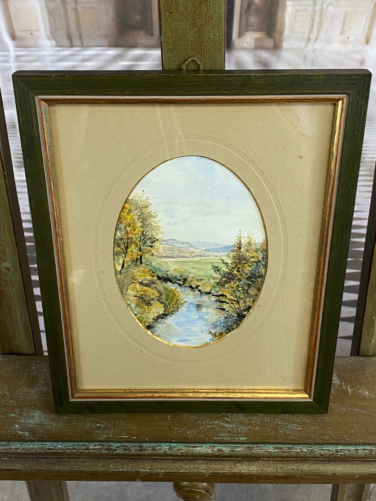 AQUARELL FLUSS LANDSCHAFT SEHR GUT GERAHMT