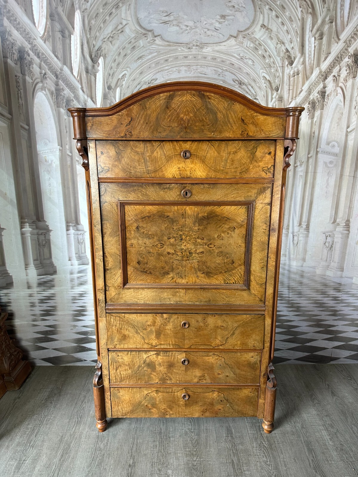 ANTIKER SEKRETÄR WURZELNUSS FURNIER TOLLES INNENLEBEN LOUIS PHILIPPE UM 1870