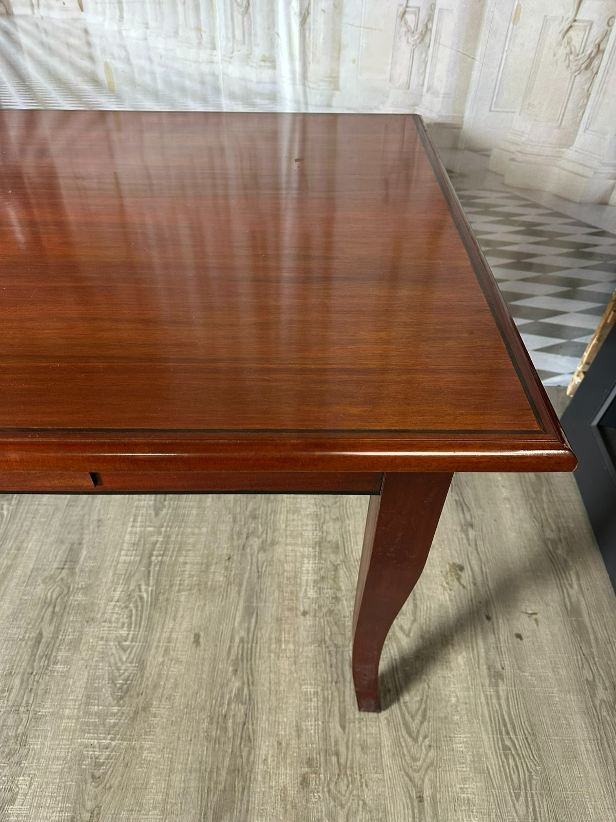 GROSSER VINTAGE ESSTISCH TISCH AUS MAHAGONI ZWEI SCHUBLADEN INTARSIE – Bild 3