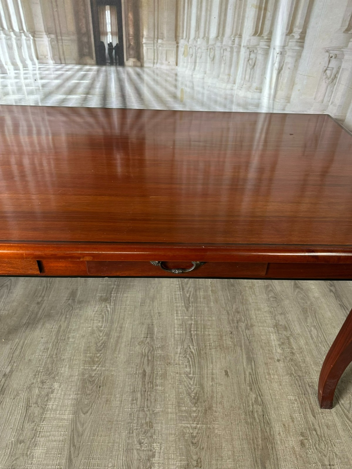 GROSSER VINTAGE ESSTISCH TISCH AUS MAHAGONI ZWEI SCHUBLADEN INTARSIE – Bild 4
