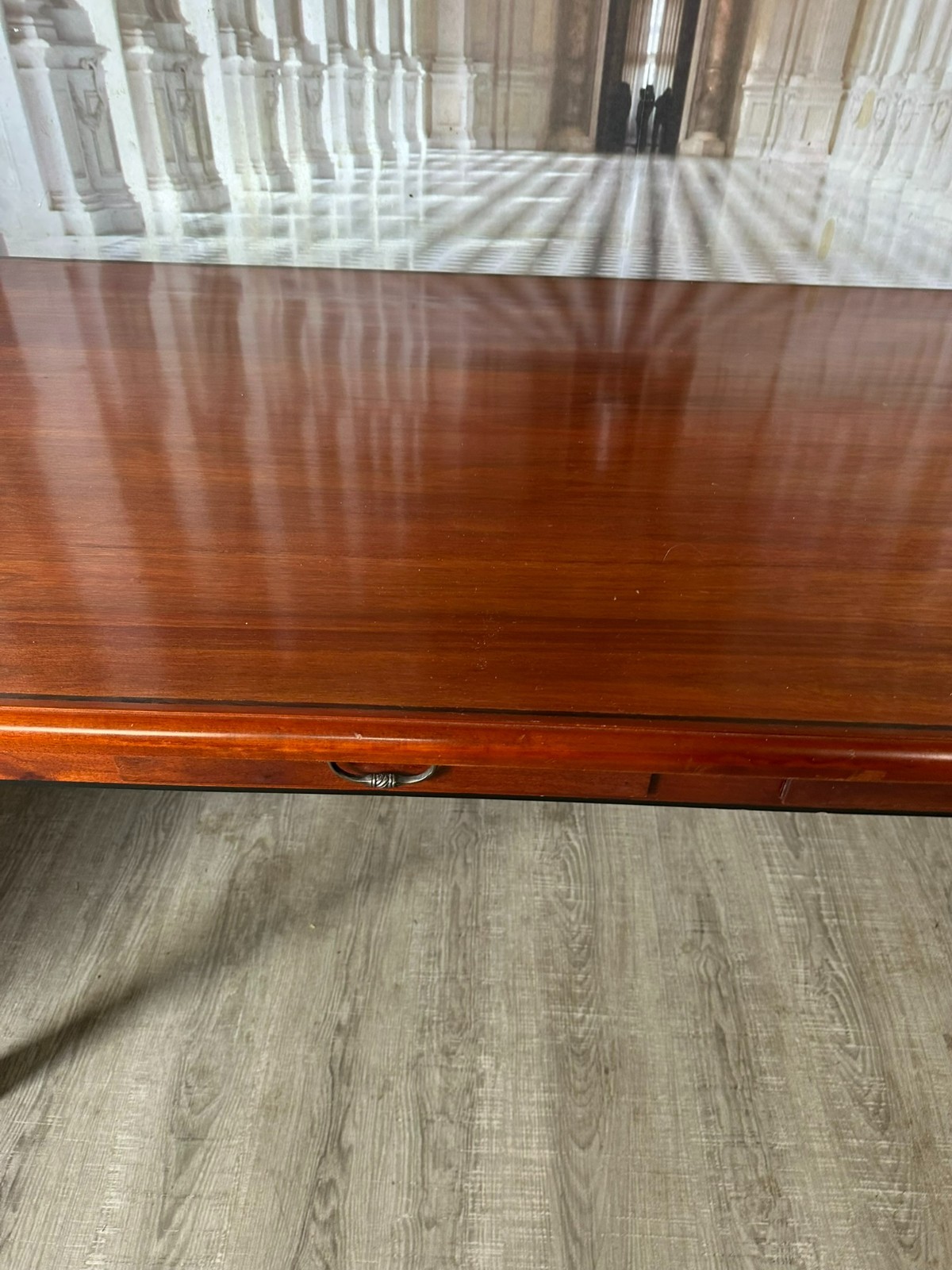 GROSSER VINTAGE ESSTISCH TISCH AUS MAHAGONI ZWEI SCHUBLADEN INTARSIE – Bild 5