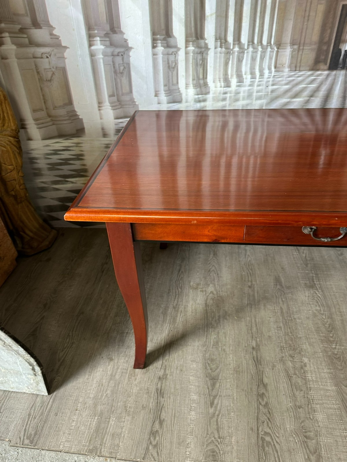 GROSSER VINTAGE ESSTISCH TISCH AUS MAHAGONI ZWEI SCHUBLADEN INTARSIE – Bild 6