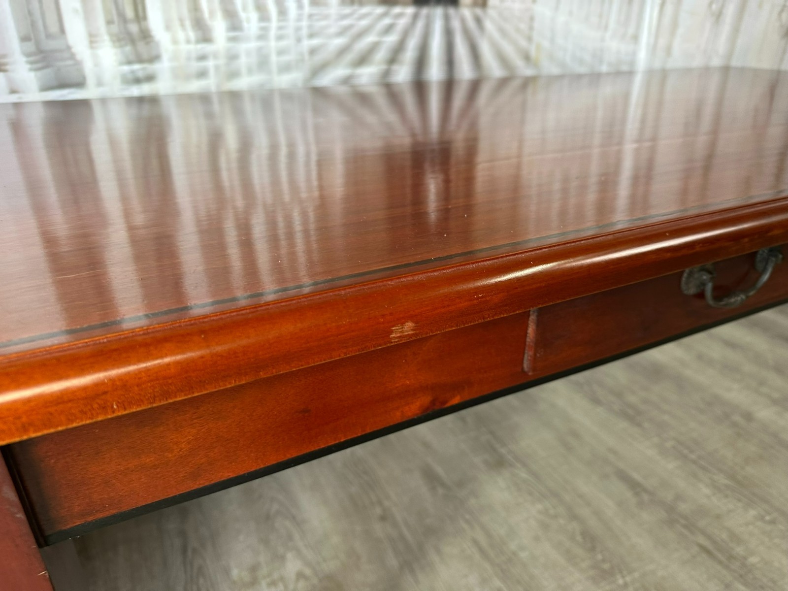 GROSSER VINTAGE ESSTISCH TISCH AUS MAHAGONI ZWEI SCHUBLADEN INTARSIE – Bild 7