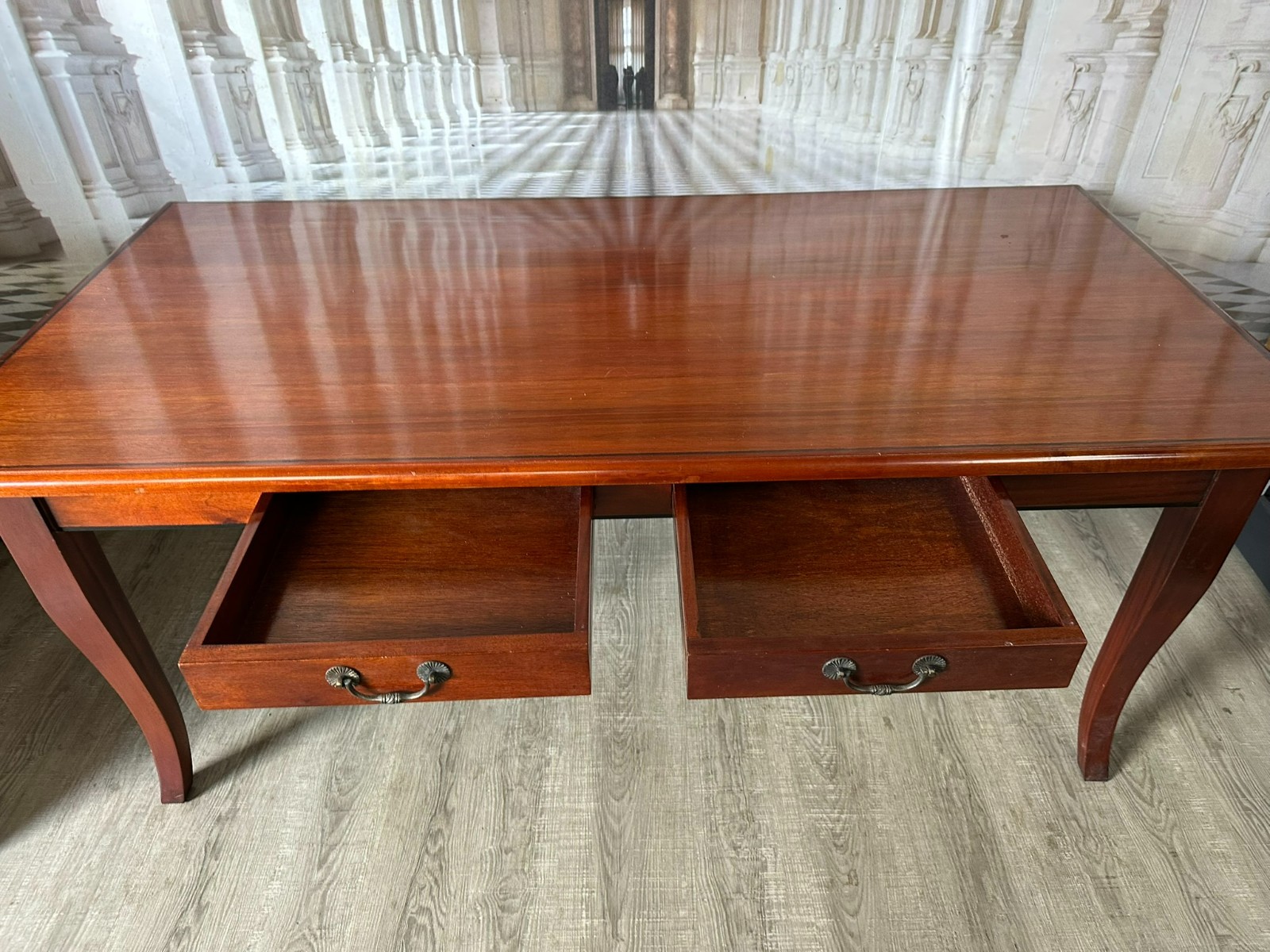 GROSSER VINTAGE ESSTISCH TISCH AUS MAHAGONI ZWEI SCHUBLADEN INTARSIE – Bild 10