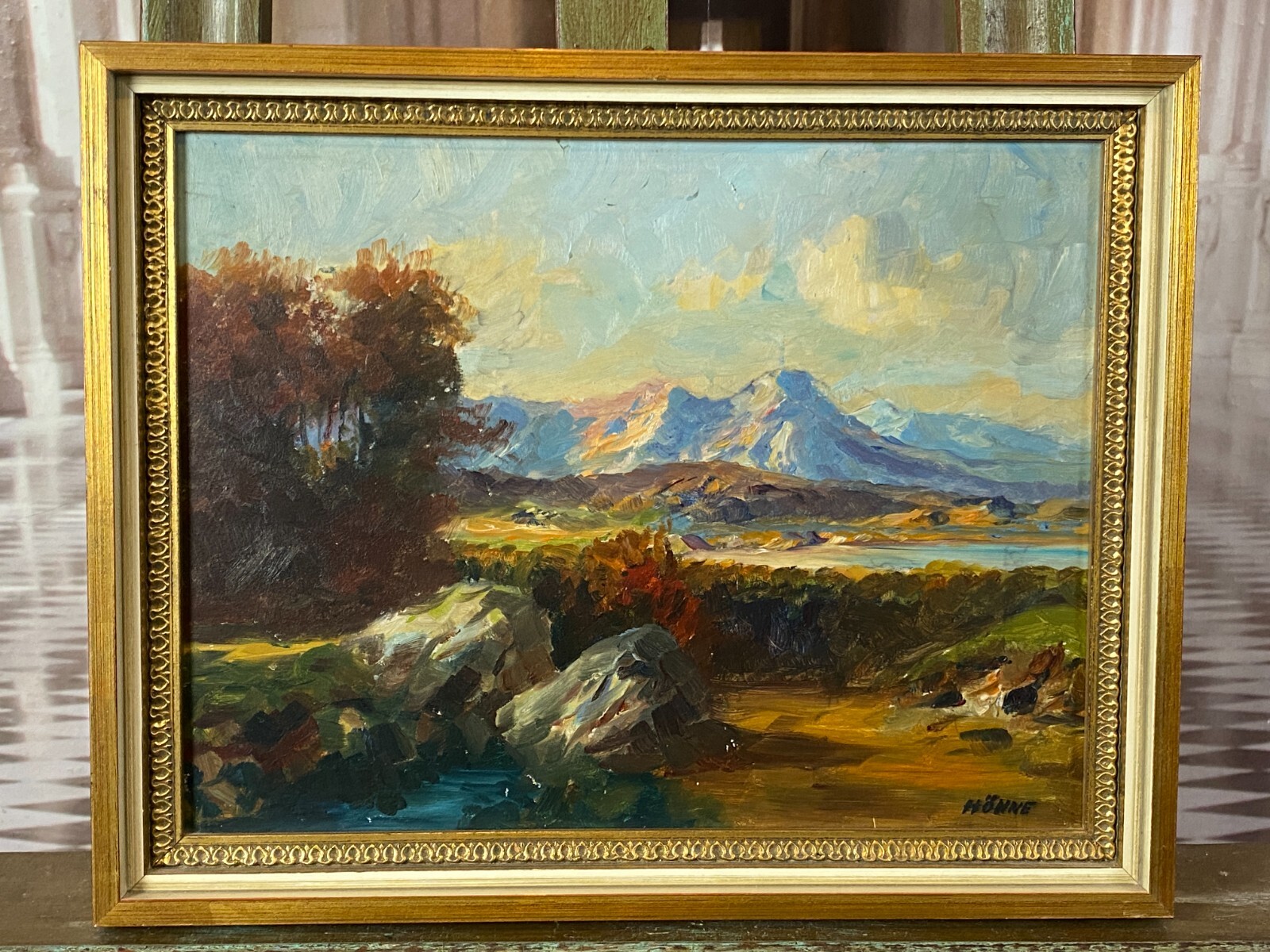 ÖLGEMÄLDE SEE LANDSCHAFT VOR GEBIRGE GEMÄLDE SIGNIERT HÖHNE GERAHMT