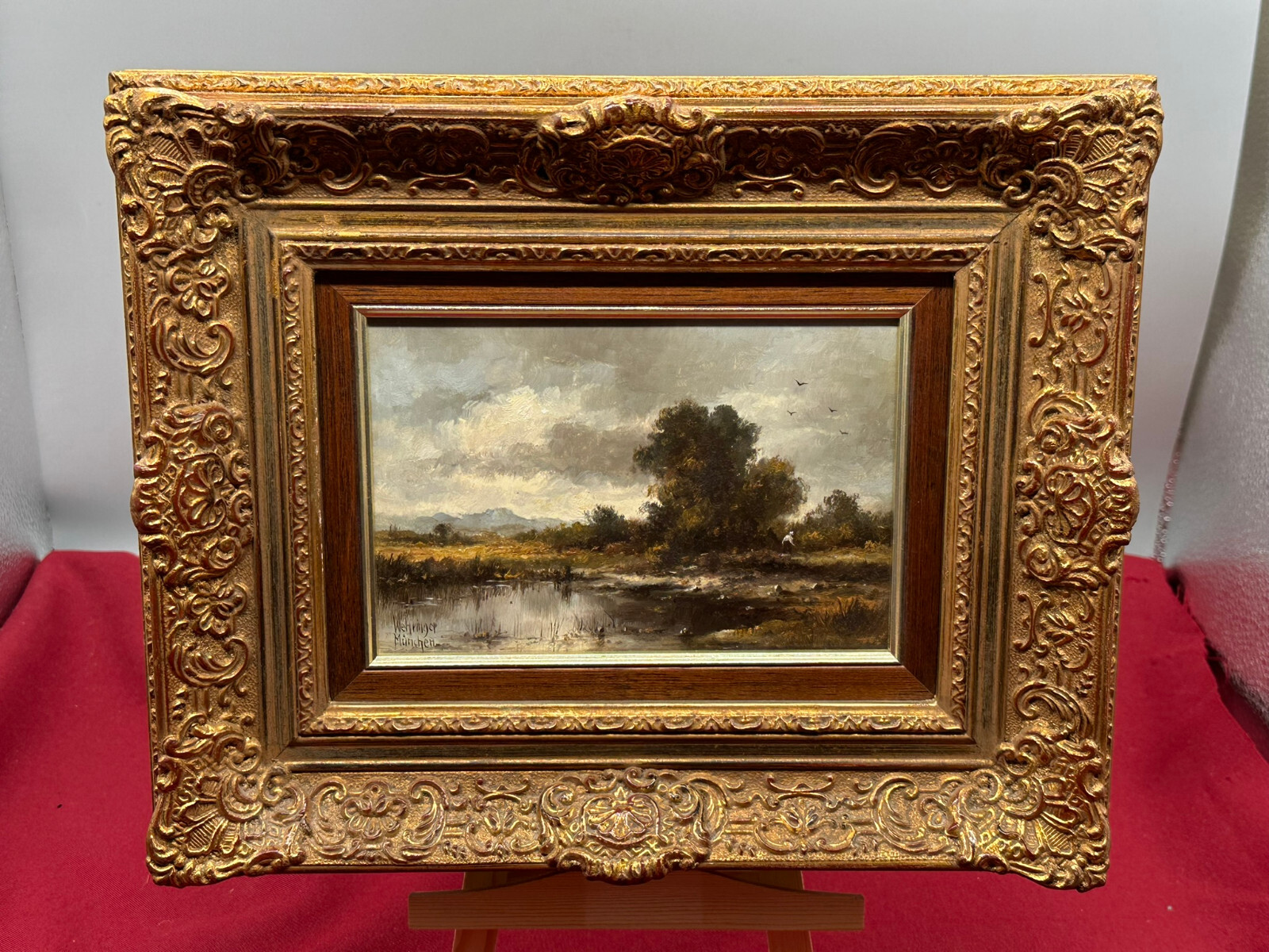 ÖLGEMÄLDE PRUNKRAHMEN PERSON AM WEIHER IM DACHAUER MOOR HERBERT WEHRINGER