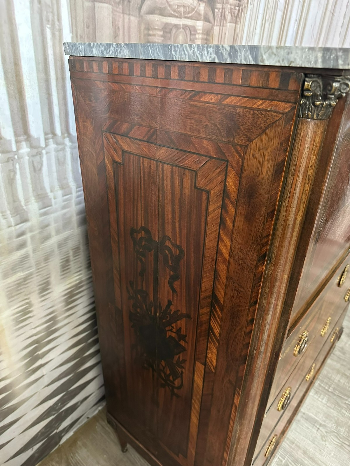 ANTIKER LOUIS SEIZE SEKRETÄR ENDE 18 TES JHDT KOMPLETT INTARSIERT MARMOR PLATTE – Bild 4