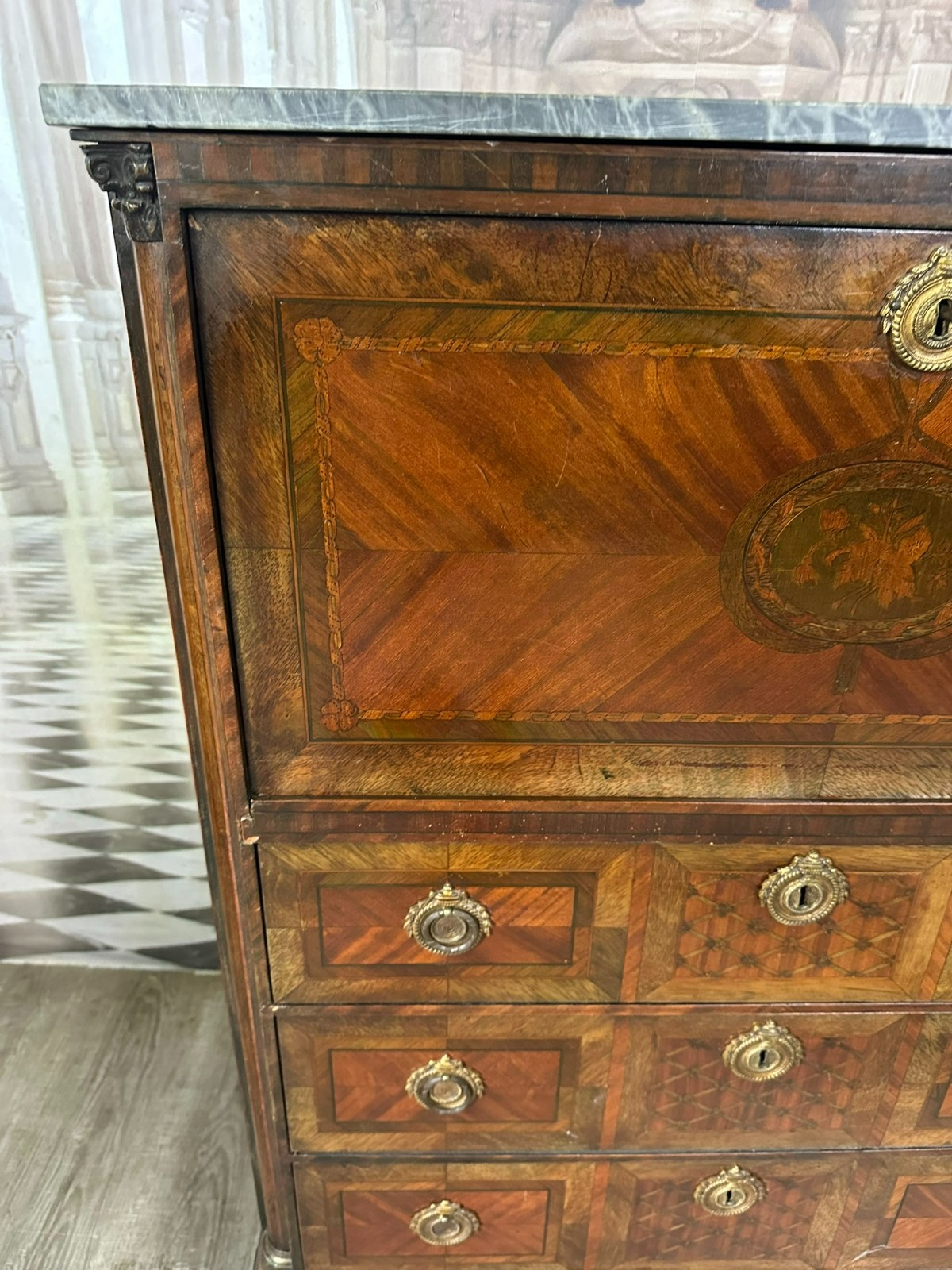 ANTIKER LOUIS SEIZE SEKRETÄR ENDE 18 TES JHDT KOMPLETT INTARSIERT MARMOR PLATTE – Bild 6