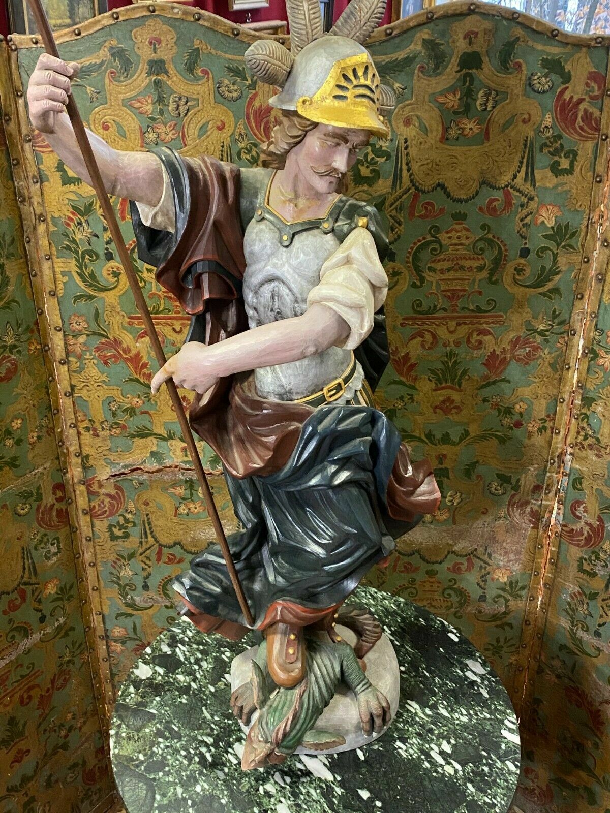 HEILIGENFIGUR HEILIGER GEORG DRACHENTÖTER SKULPTUR HOLZ MASSIV POLYCHROM