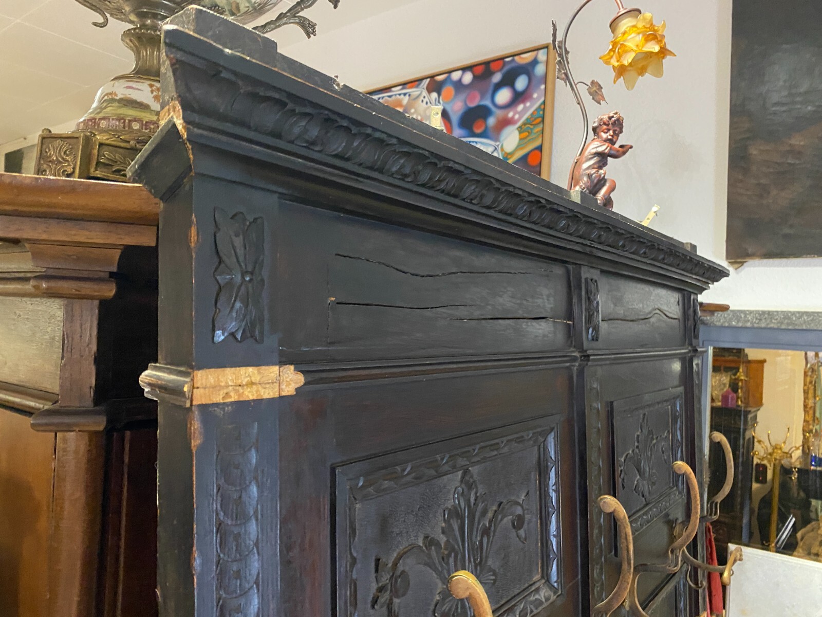 ANTIKE GARDEROBE MIT KÖPFEN UND FRATZEN UM 1890 GRÜNDERZEIT SEHR GROSS 240x120cm – Bild 10