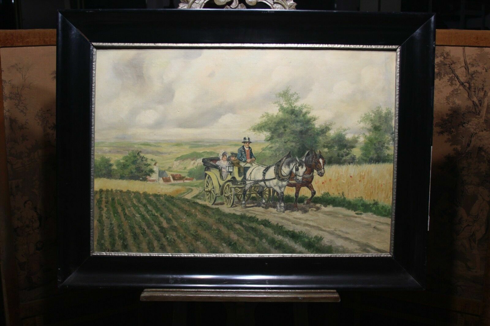 ÖLGEMÄLDE LANDSCHAFT PERSONEN LÄNDLICHE KUTSCHENFAHRT P. WEGENER GROSSFORMAT – Bild 3