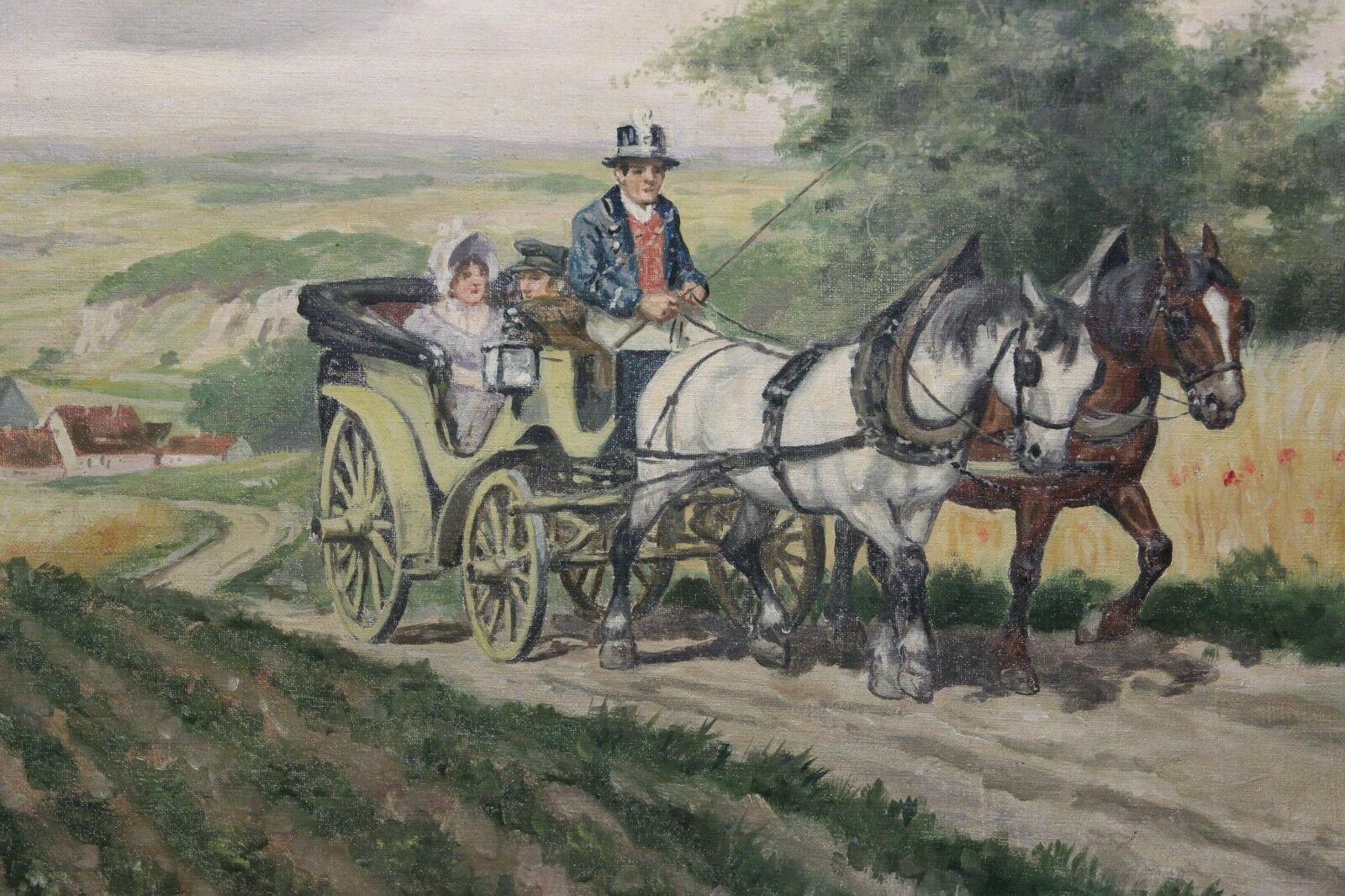 ÖLGEMÄLDE LANDSCHAFT PERSONEN LÄNDLICHE KUTSCHENFAHRT P. WEGENER GROSSFORMAT – Bild 5