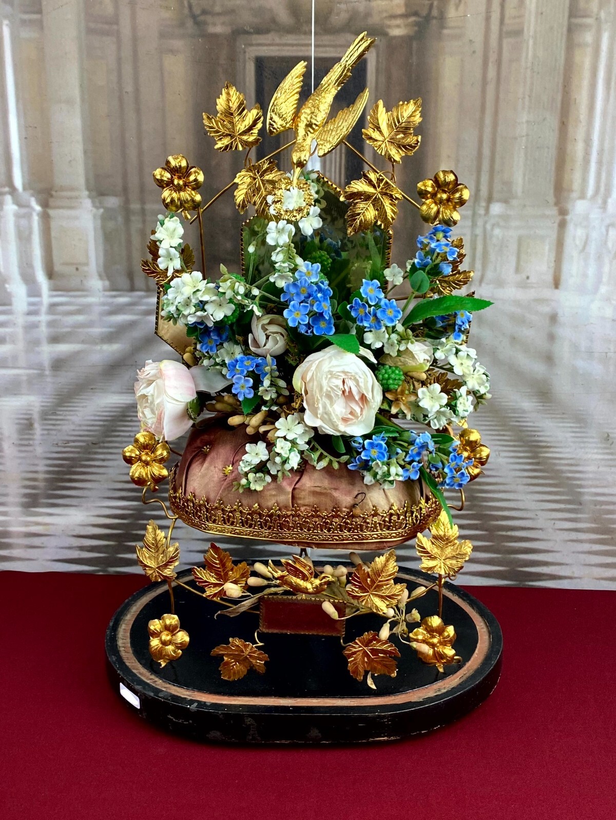 GLOBE DE MARIEE HOCHZEIT ANDENKEN FRANKREICH NAPOLEON III GOLD VÖGEL SAMT 48cm