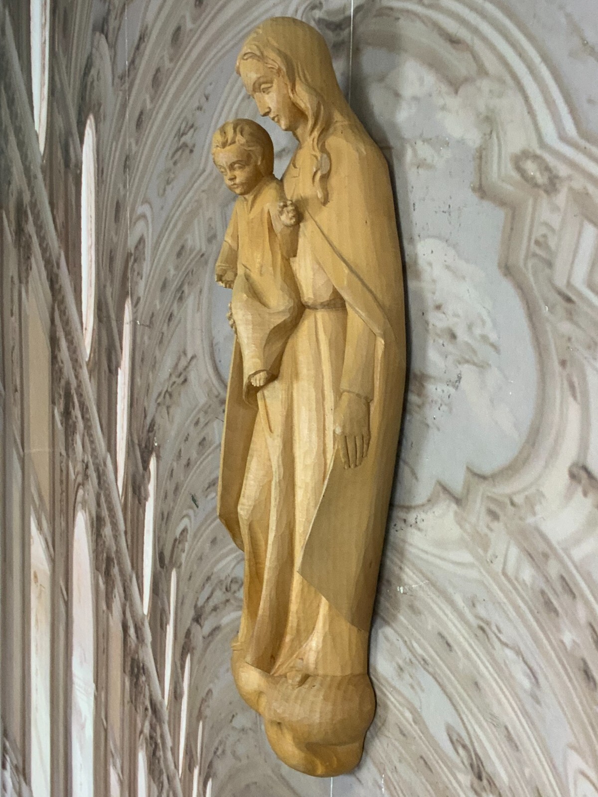SAKRAL SKULPTUR HEILIGE MARIA MIT JESUSKIND HOLZ MASSIV WANDAUFHÄNGUNG 60cm – Bild 3