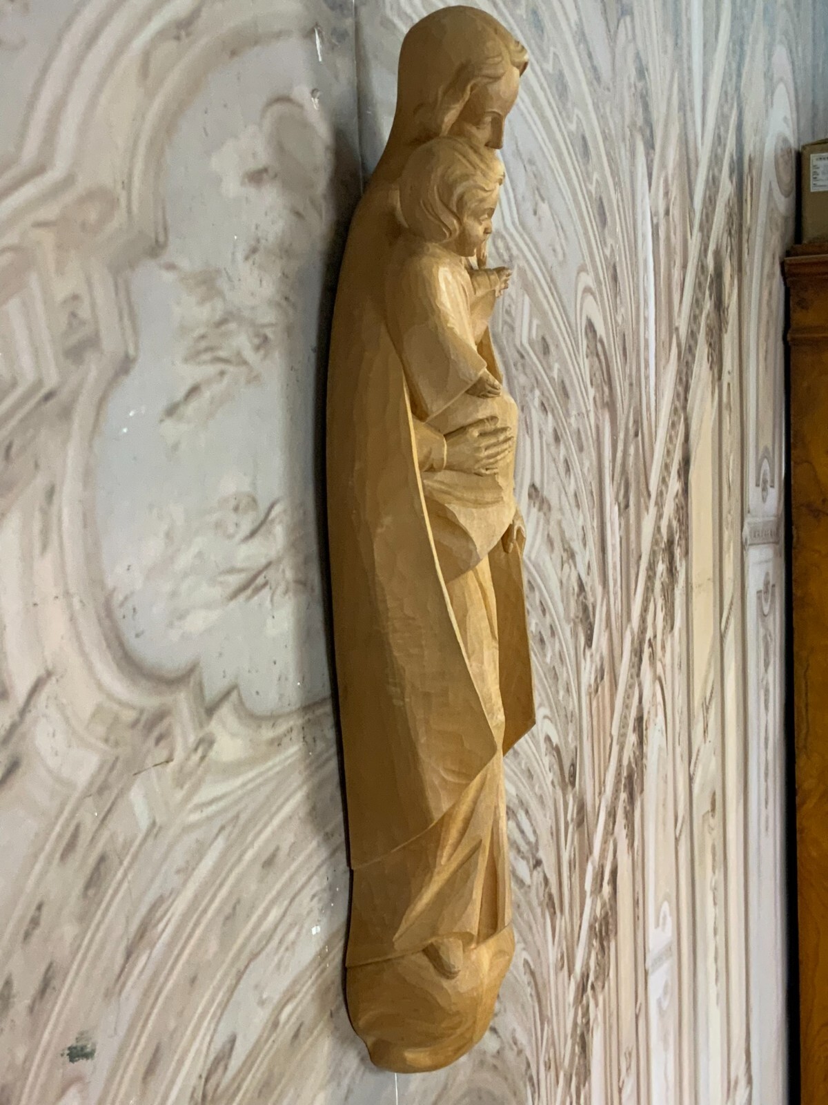 SAKRAL SKULPTUR HEILIGE MARIA MIT JESUSKIND HOLZ MASSIV WANDAUFHÄNGUNG 60cm – Bild 4