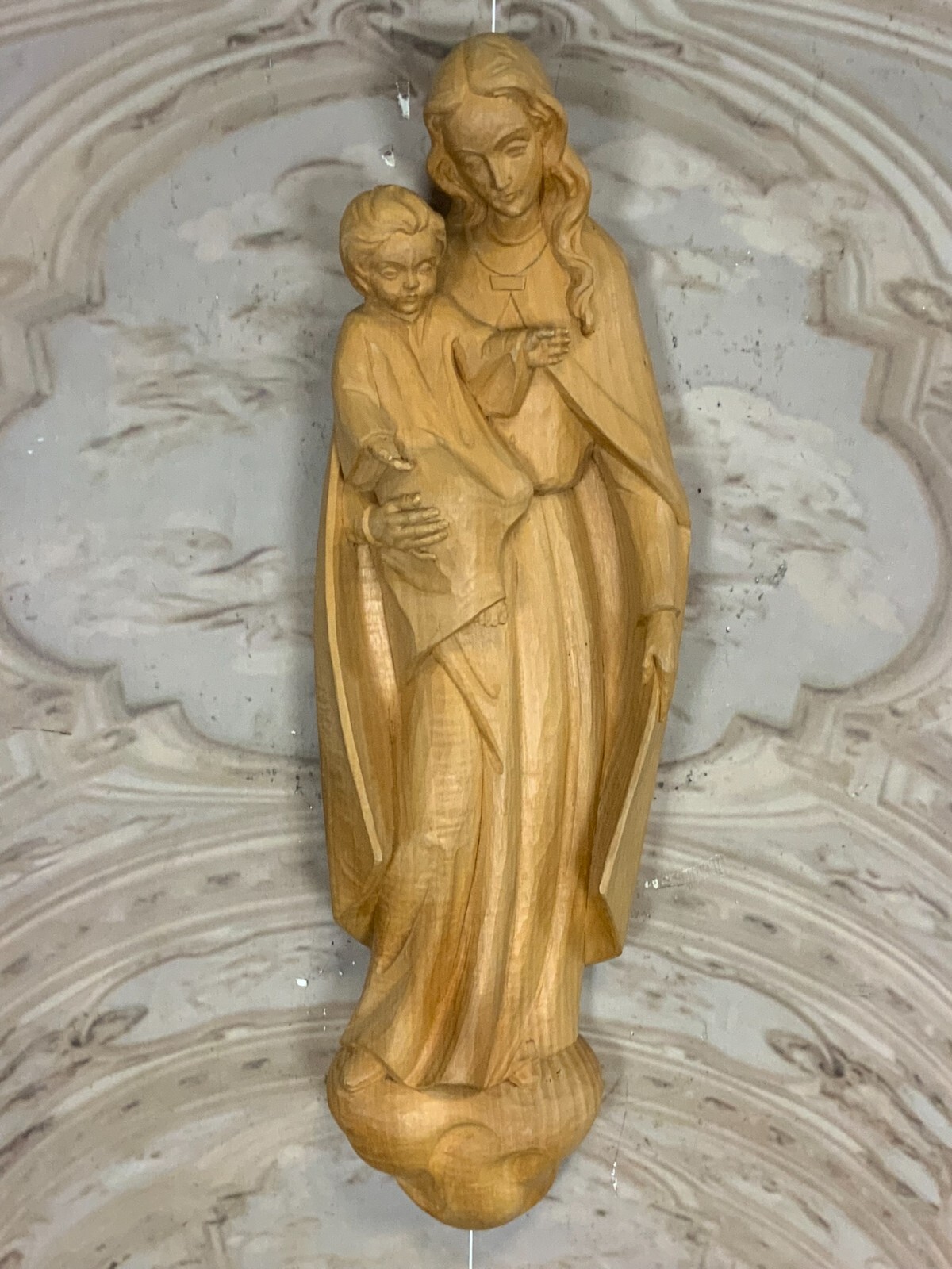 SAKRAL SKULPTUR HEILIGE MARIA MIT JESUSKIND HOLZ MASSIV WANDAUFHÄNGUNG 60cm