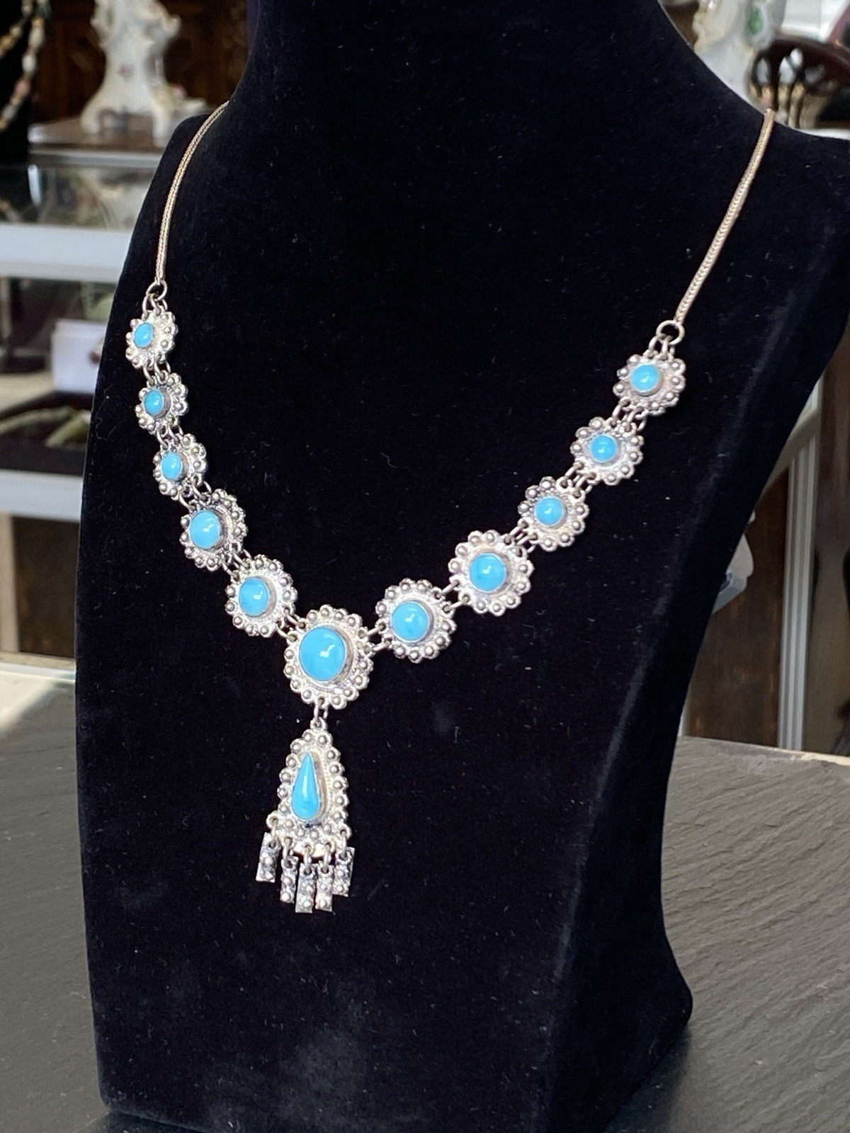 PRUNKVOLLE HALSKETTE KETTE MIT TÜRKIS CABOCHONS TÜRKISE AUS 950 STERLING SILBER