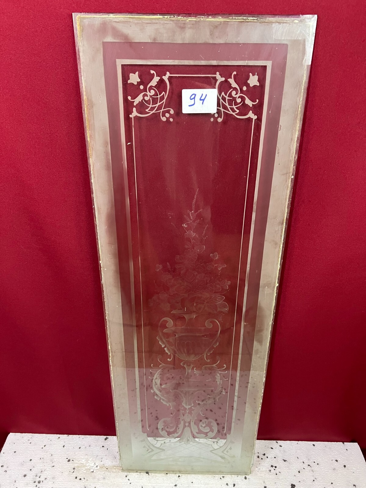ANTIKE GLASSCHEIBE JUGENDSTIL ORIGINAL UM 1910 BLUMEN AMPHORE 34,6x103,3cm