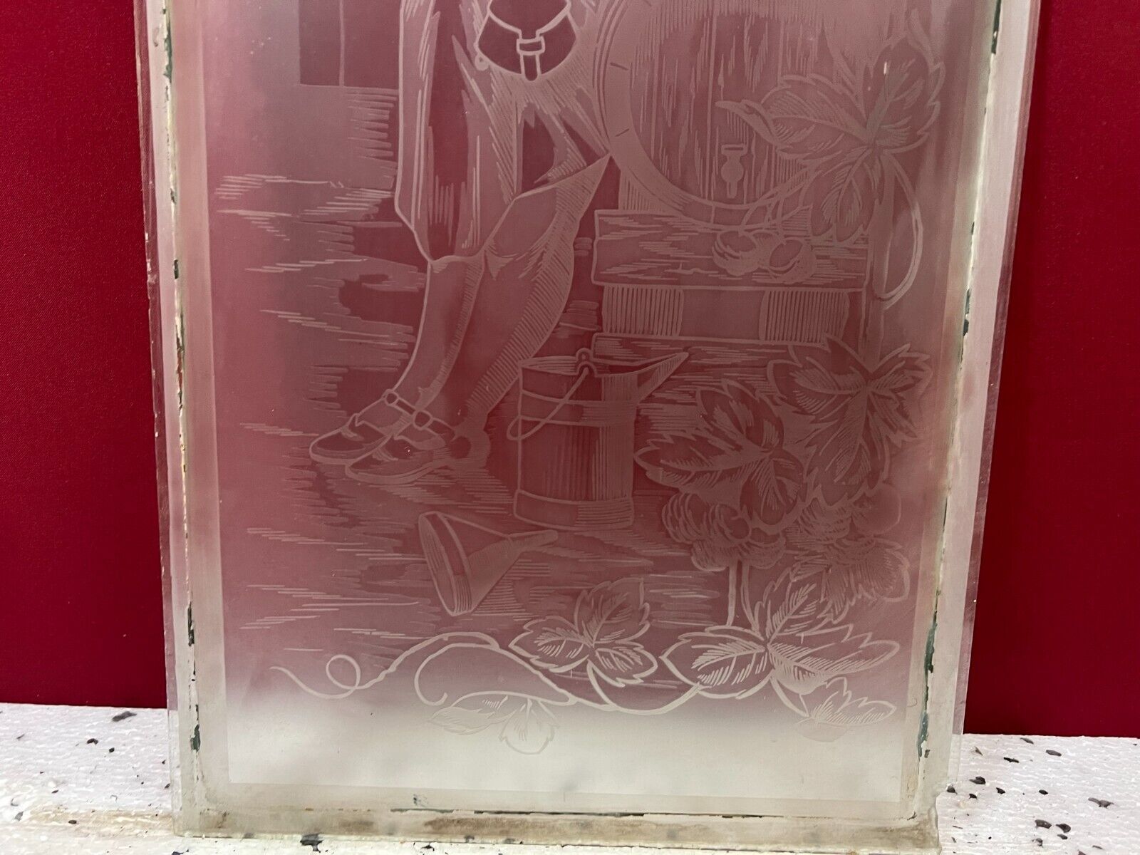 ANTIKE GLASSCHEIBE JUGENDSTIL ORIGINAL UM 1910 PERSON MIT KRUG 34x103,9cm – Bild 8