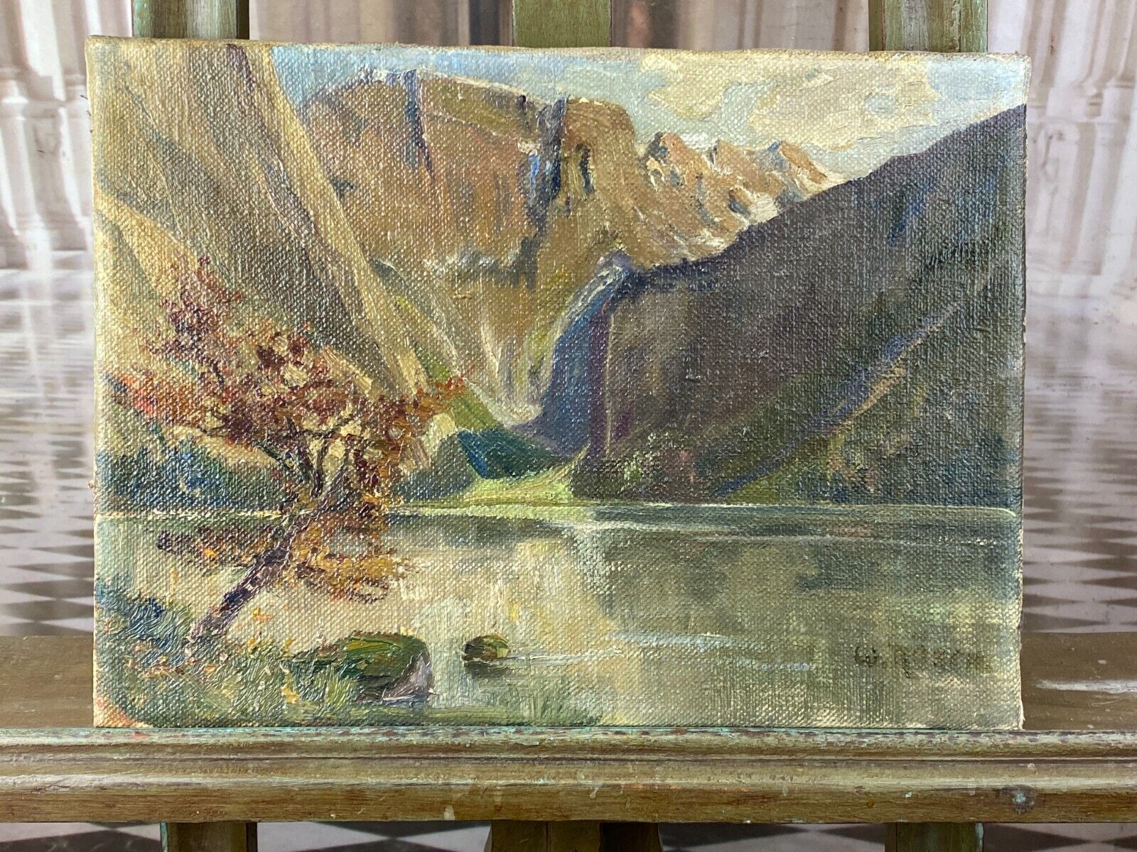 ÖLGEMÄLDE LANDSCHAFT SEE VOR GEBIRGE GEMÄLDE SIGNIERT W. RÖSCH
