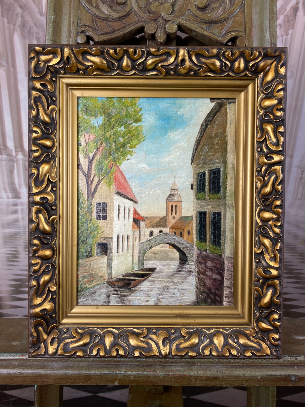 ÖLGEMÄLDE STADT ANSICHT KANAL MIT HÄUSERN GEMÄLDE GERAHMT