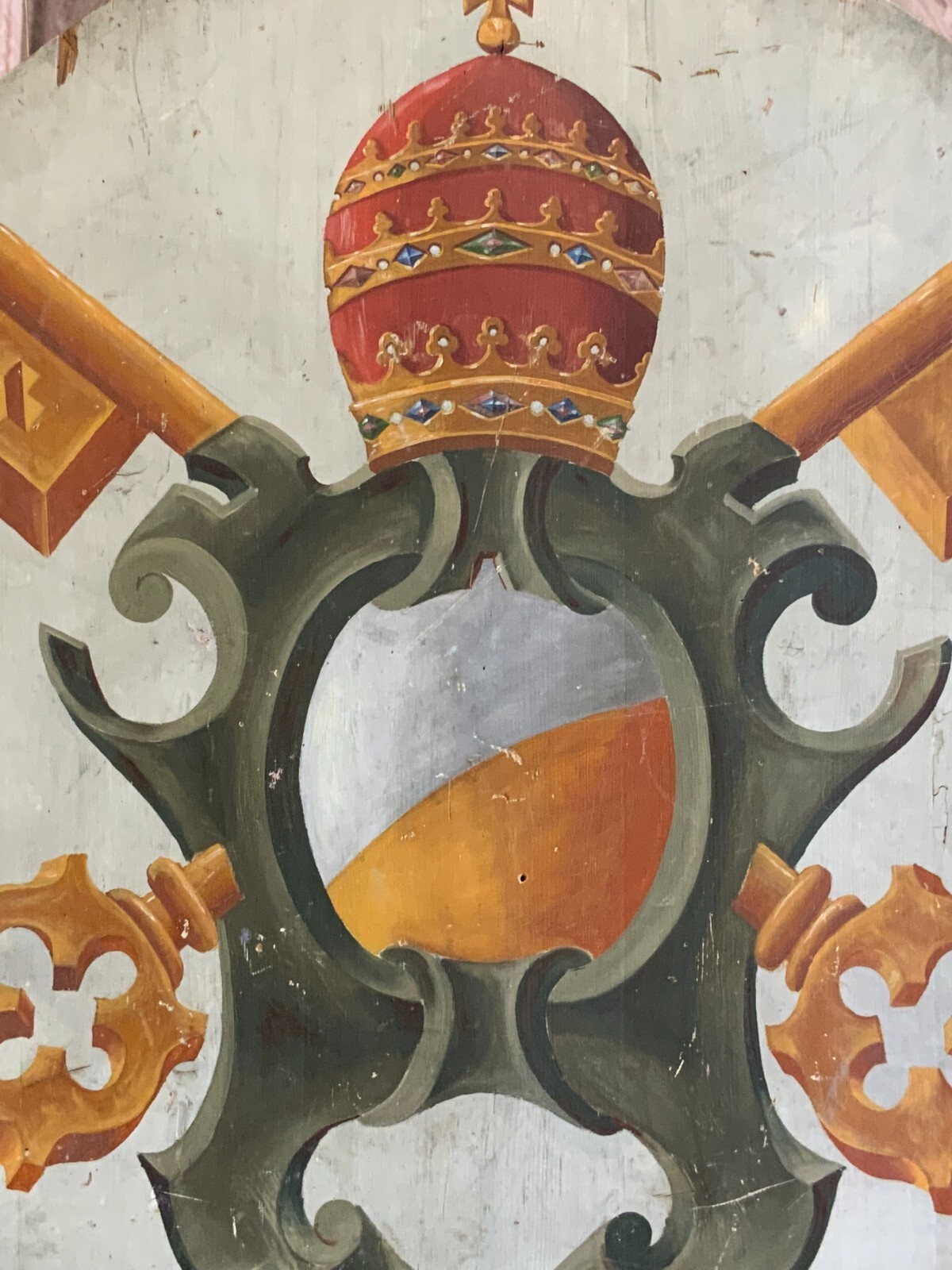VATIKAN WAPPEN ÖL AUF HOLZ ANTIK UM 1800 120cm MUSEAL PAPSTWAPPEN