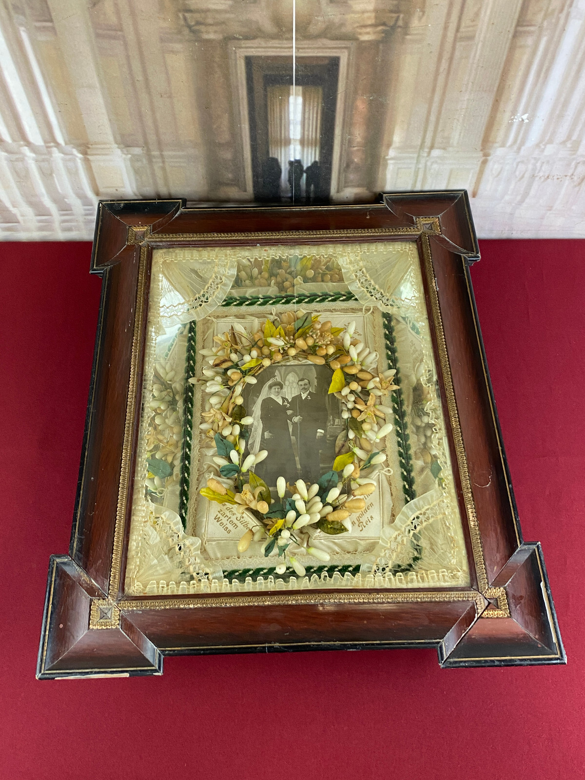 JUGENDSTIL ANDENKEN HOCHZEITSKRANZ ANTIK UM 1910 SCHAUKASTEN