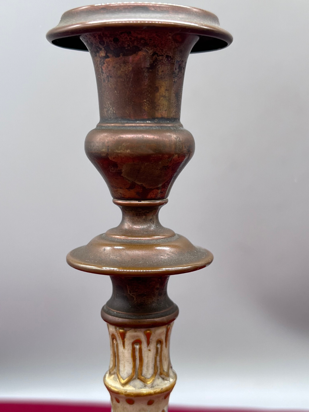 PAAR ANTIKE KERZENLEUCHTER JUGENDSTIL KUPFER MIT KERAMIK HANDBEMALT – Bild 12