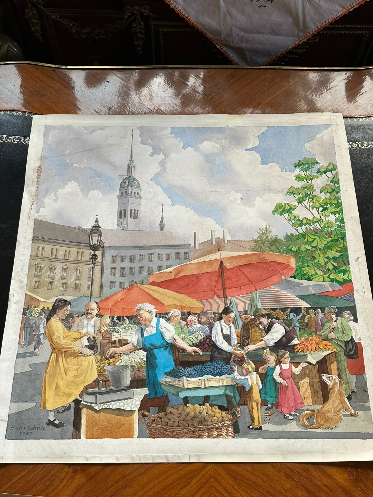 HANS SCHÜTZ GROSSES AQUARELL AUF PAPIER SIGNIERT MENSCHEN AM MARKT – Bild 3