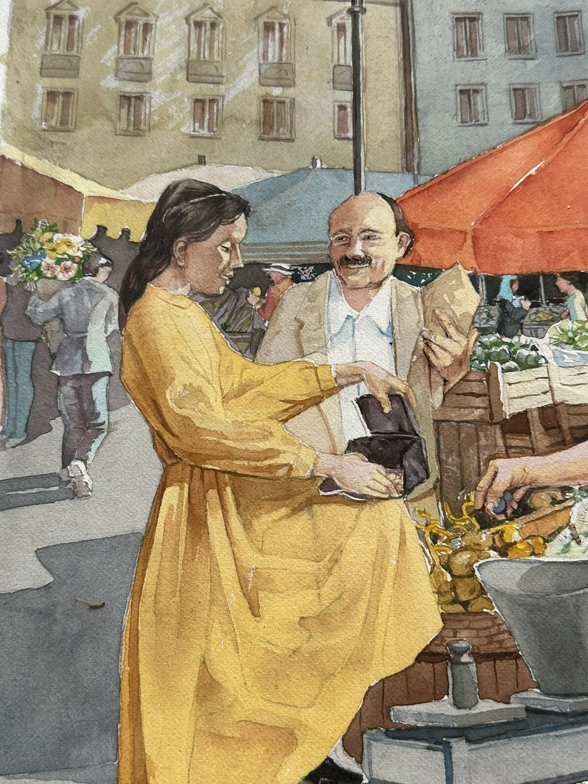 HANS SCHÜTZ GROSSES AQUARELL AUF PAPIER SIGNIERT MENSCHEN AM MARKT – Bild 5