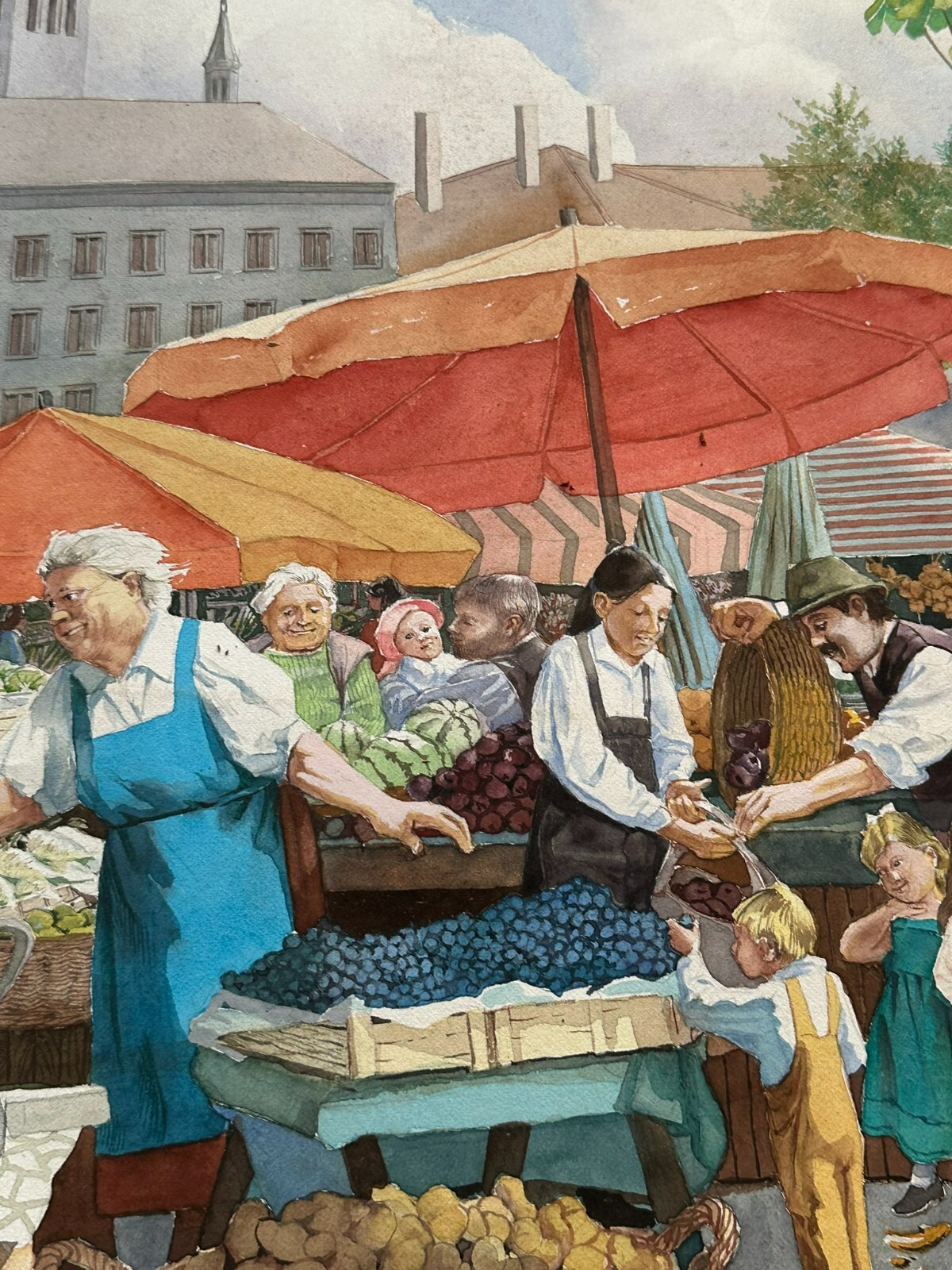 HANS SCHÜTZ GROSSES AQUARELL AUF PAPIER SIGNIERT MENSCHEN AM MARKT – Bild 8
