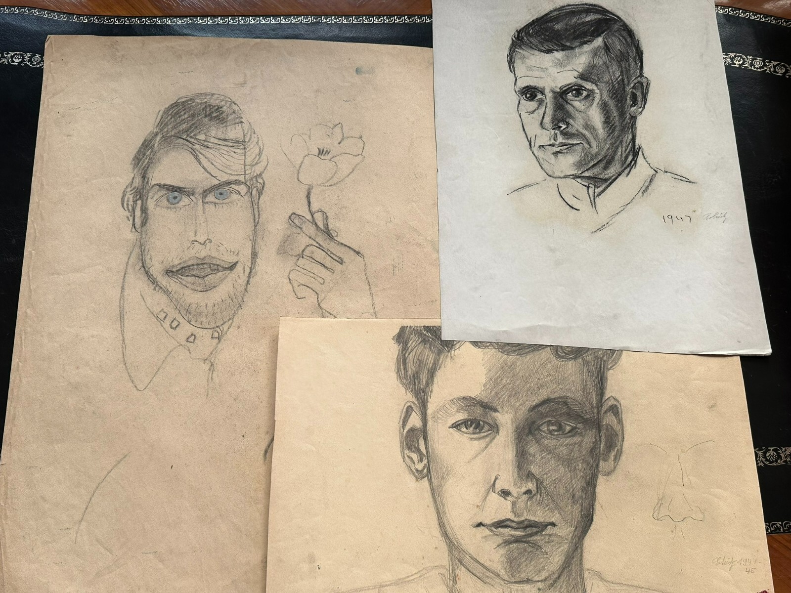 3x ANTIKE ZEICHNUNG AUF PAPIER STUDIE PORTRAIT MANN HANS SCHÜTZ