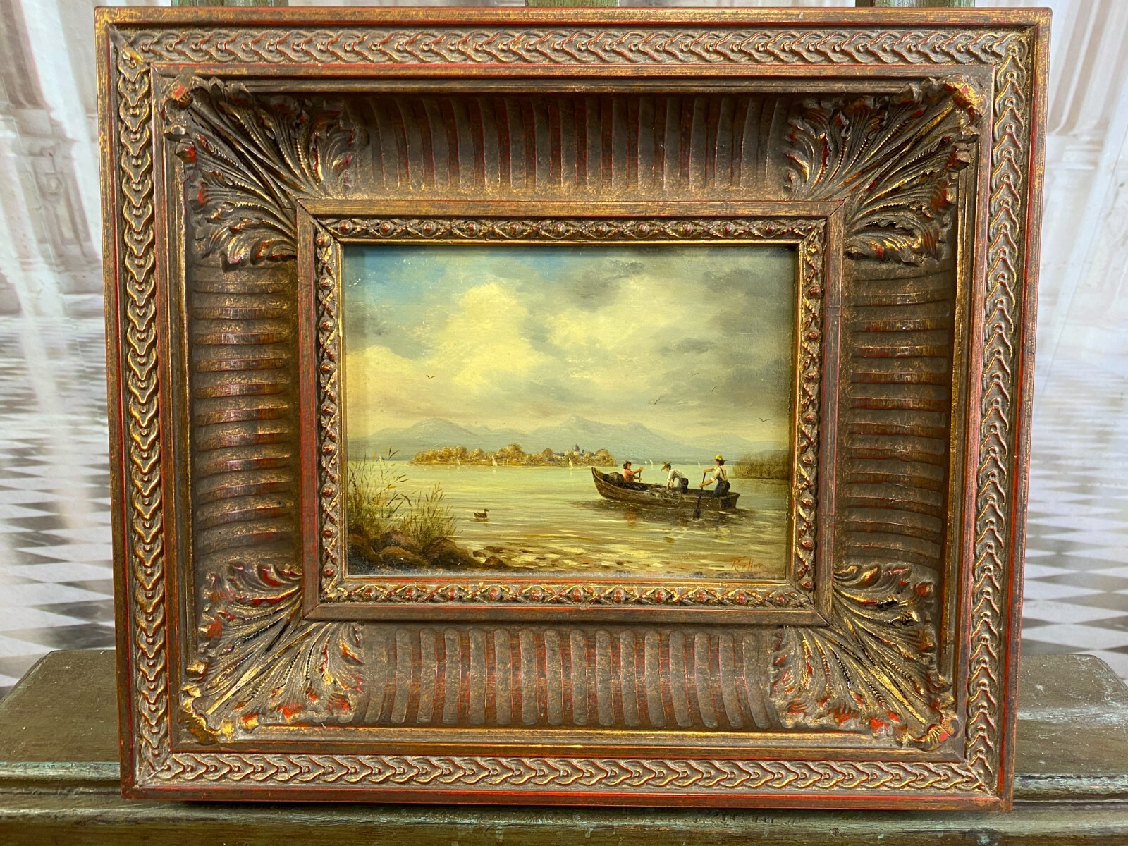 ÖLGEMÄLDE CHIEMSEE LANDSCHAFT MIT PERSONEN IM BOOT SIGNIERT RAHMEN – Bild 3