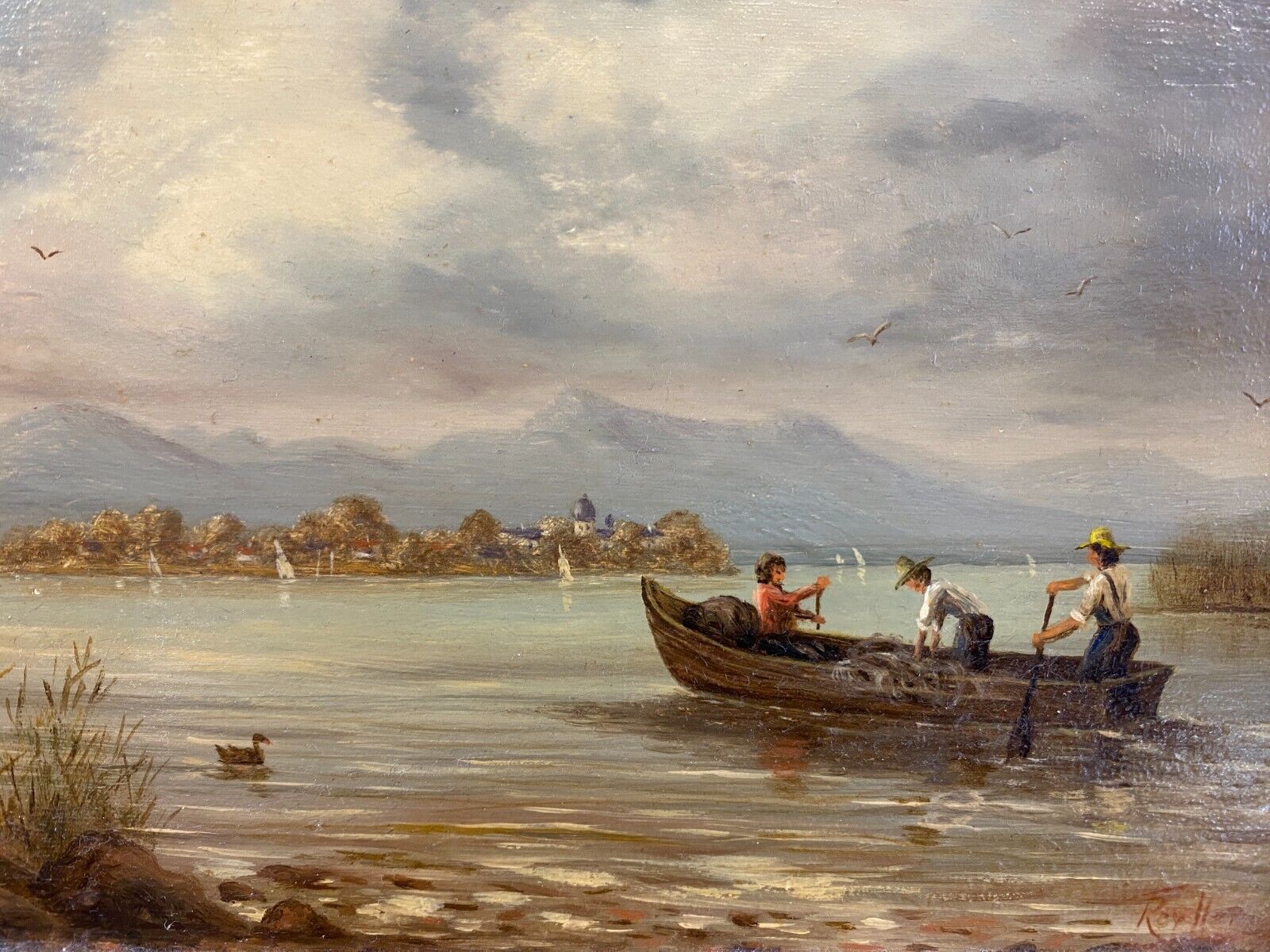 ÖLGEMÄLDE CHIEMSEE LANDSCHAFT MIT PERSONEN IM BOOT SIGNIERT RAHMEN – Bild 10