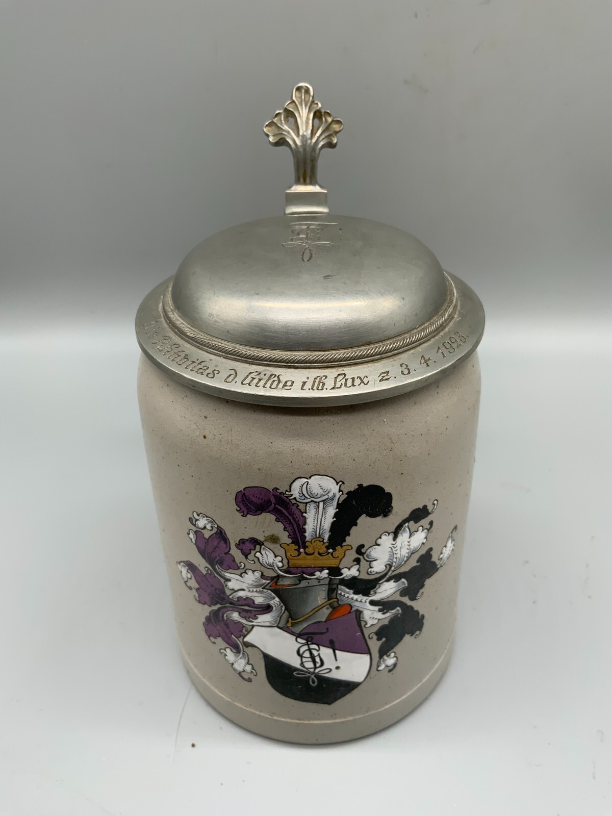 ANTIKER KRUG STEINGUT WAPPEN HANDBEMALT STUDENTIKA STUDENTENKRUG 1923